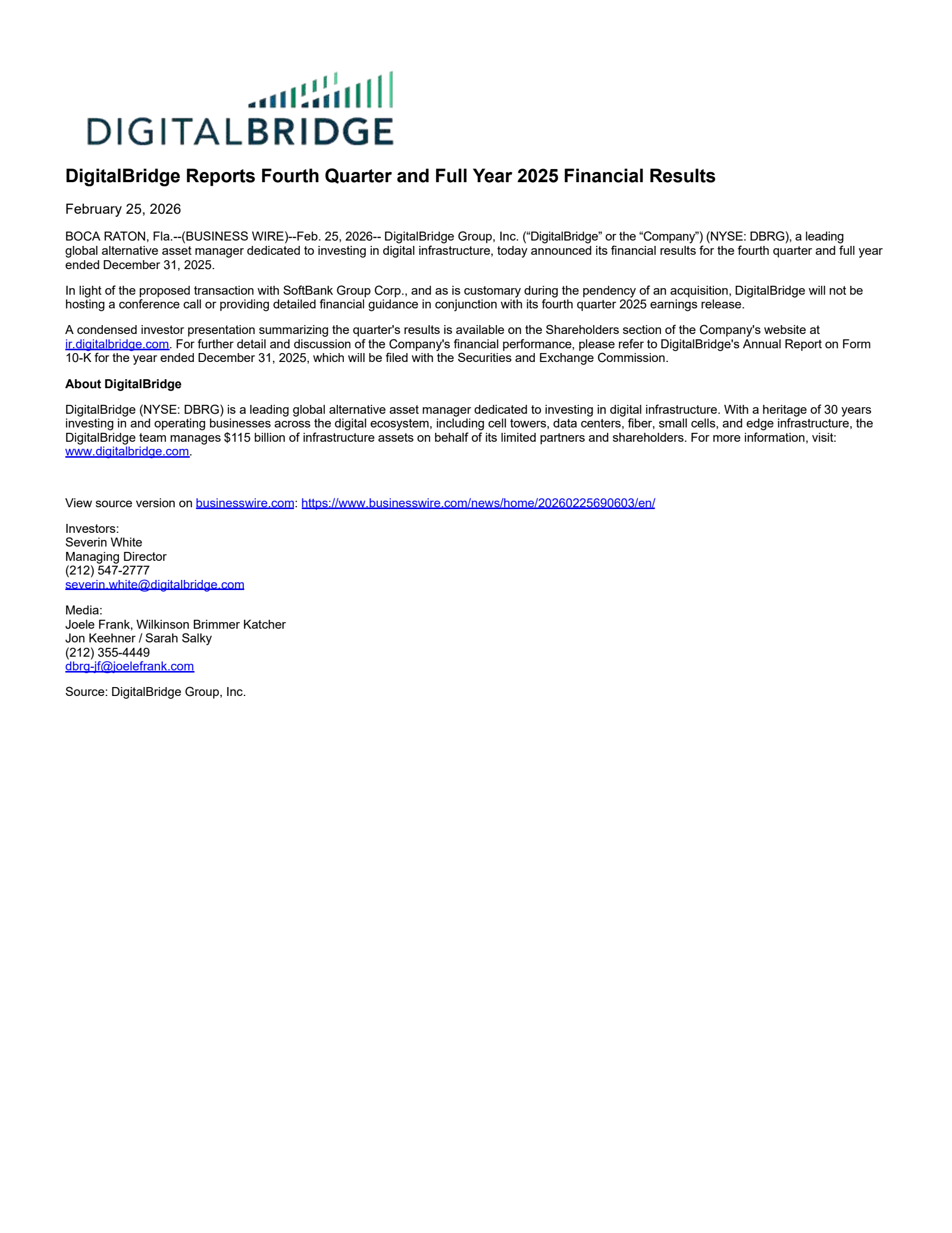 DBRG Q4 2025 Earnings Report on 2/25/2026