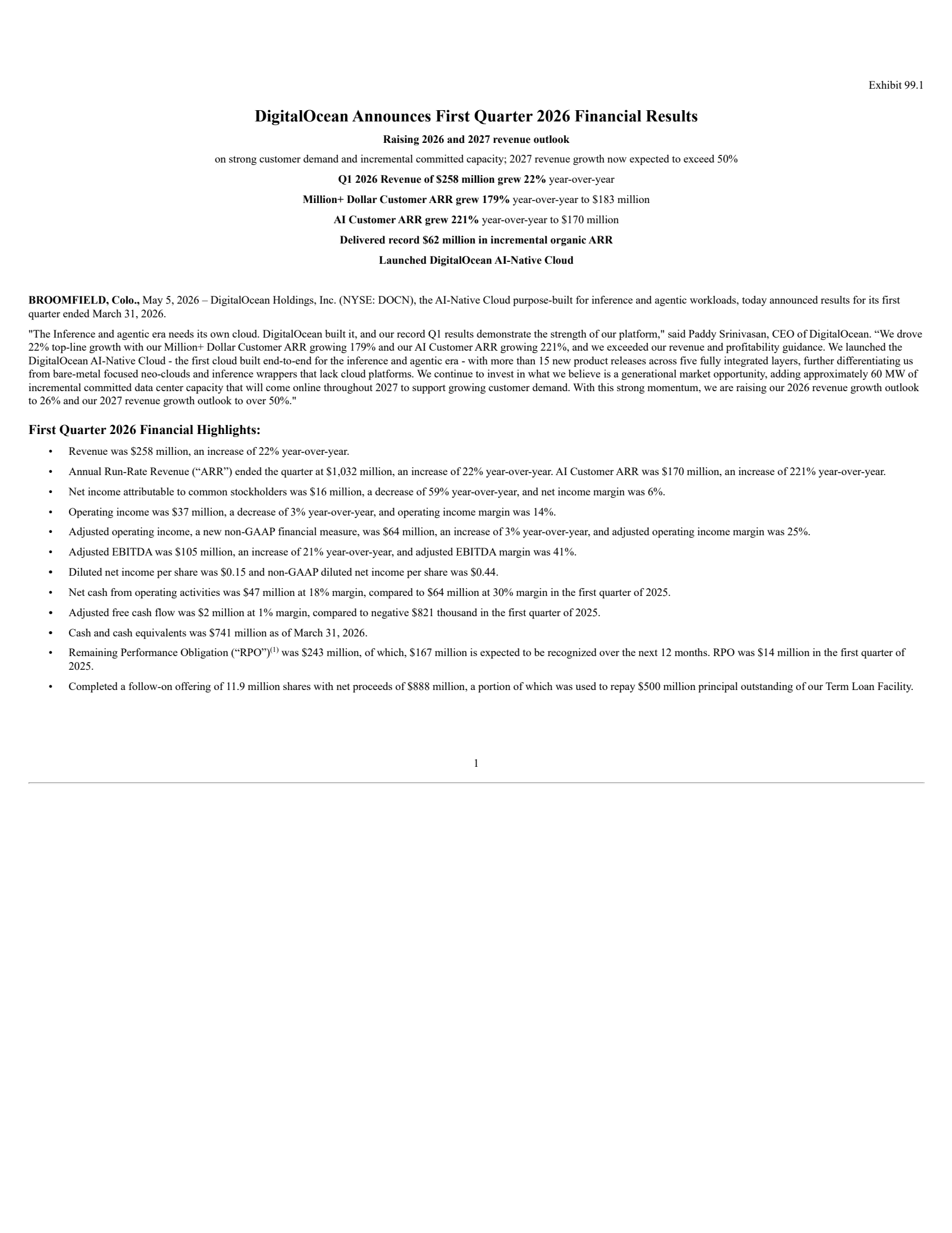 DigitalOcean's Q1 2026 Press Release