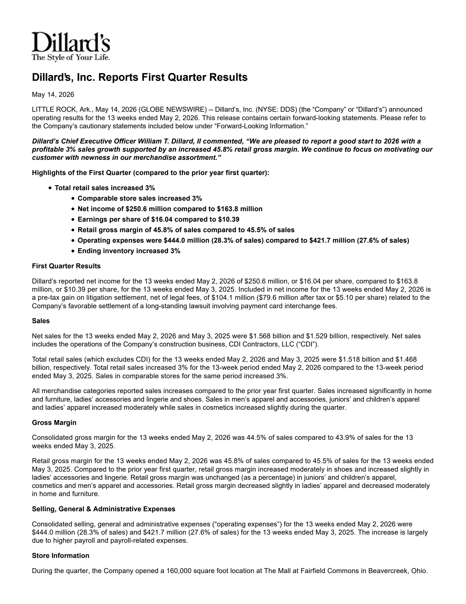 Dillard's' Q1 2027 Press Release