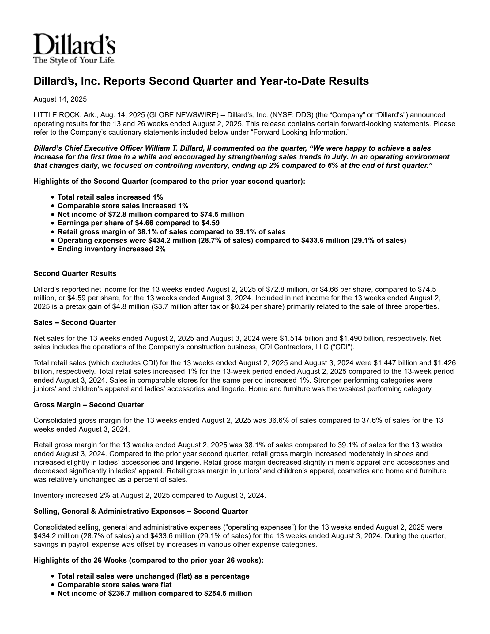 Dillard's' Q2 2025 Press Release