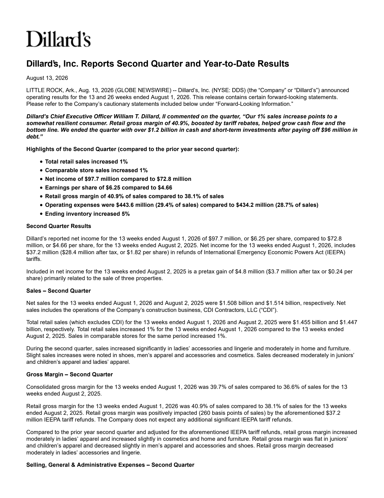 Dillard's' Q2 2026 Press Release