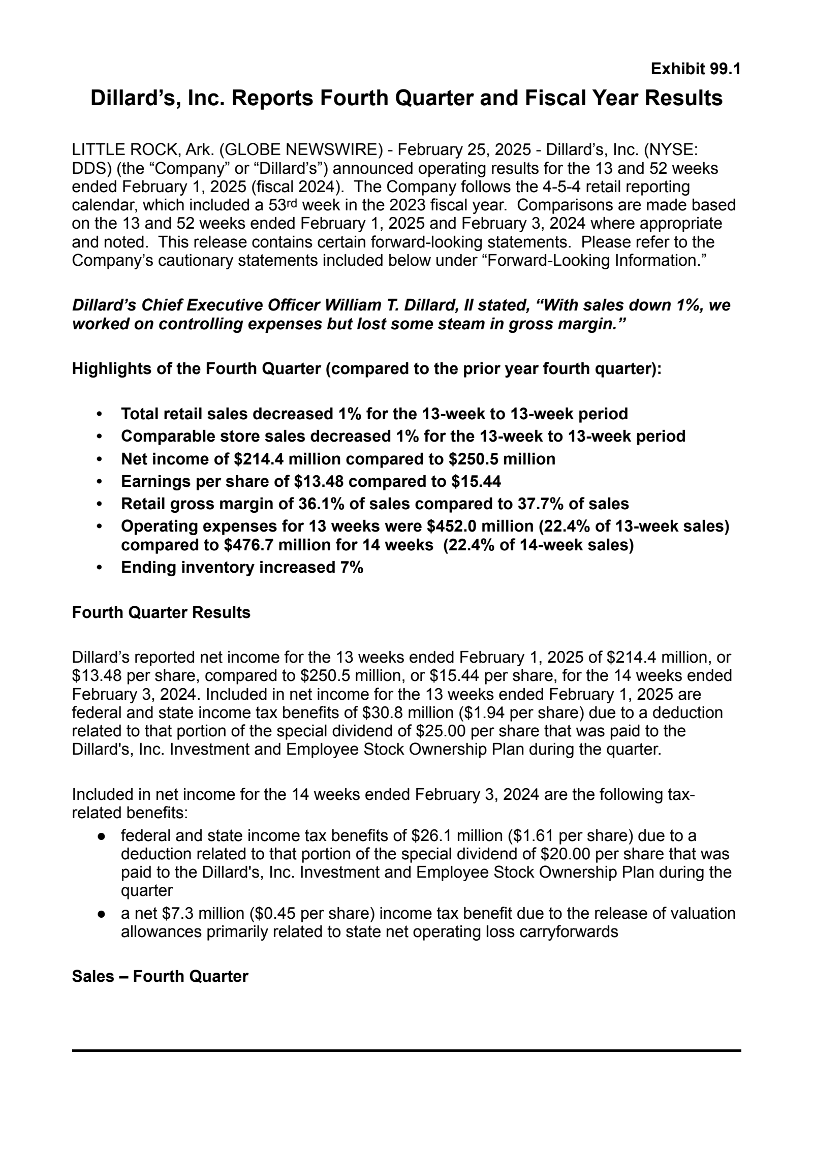 Dillard's' Q4 2025 Press Release