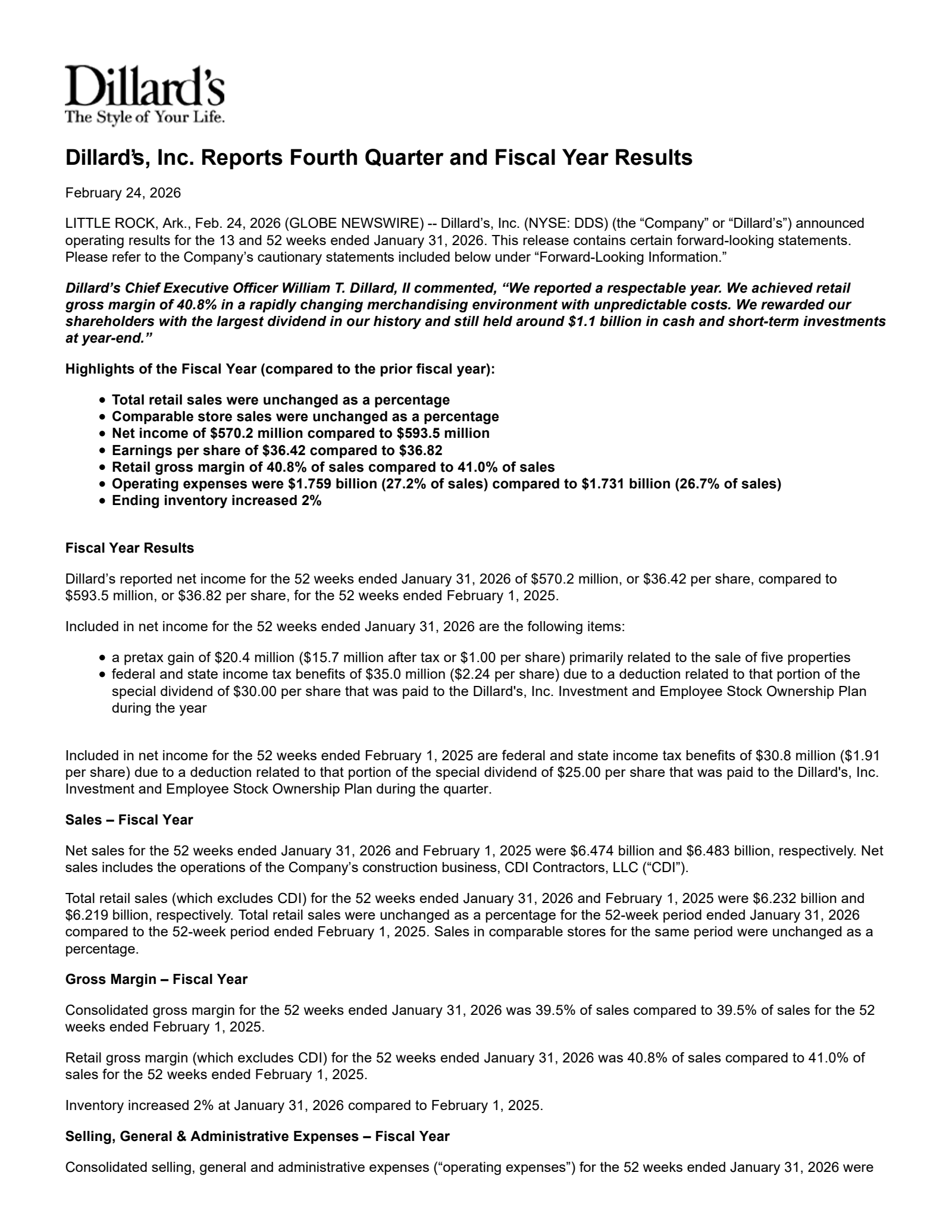 Dillard's' Q4 2026 Press Release