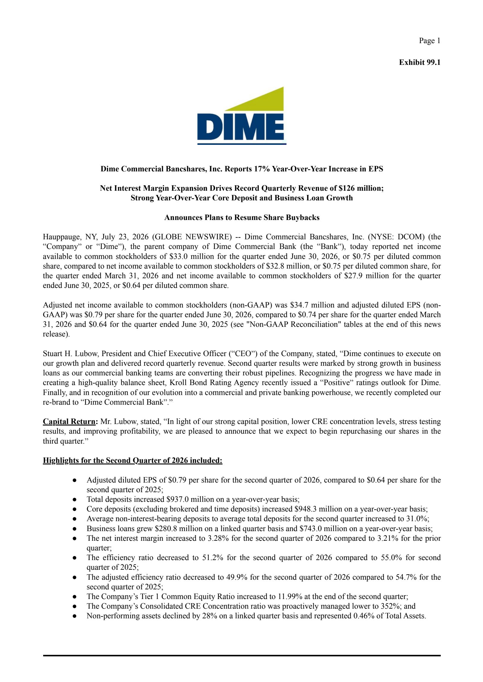 Dime Community Bancshares' Q2 2026 Press Release
