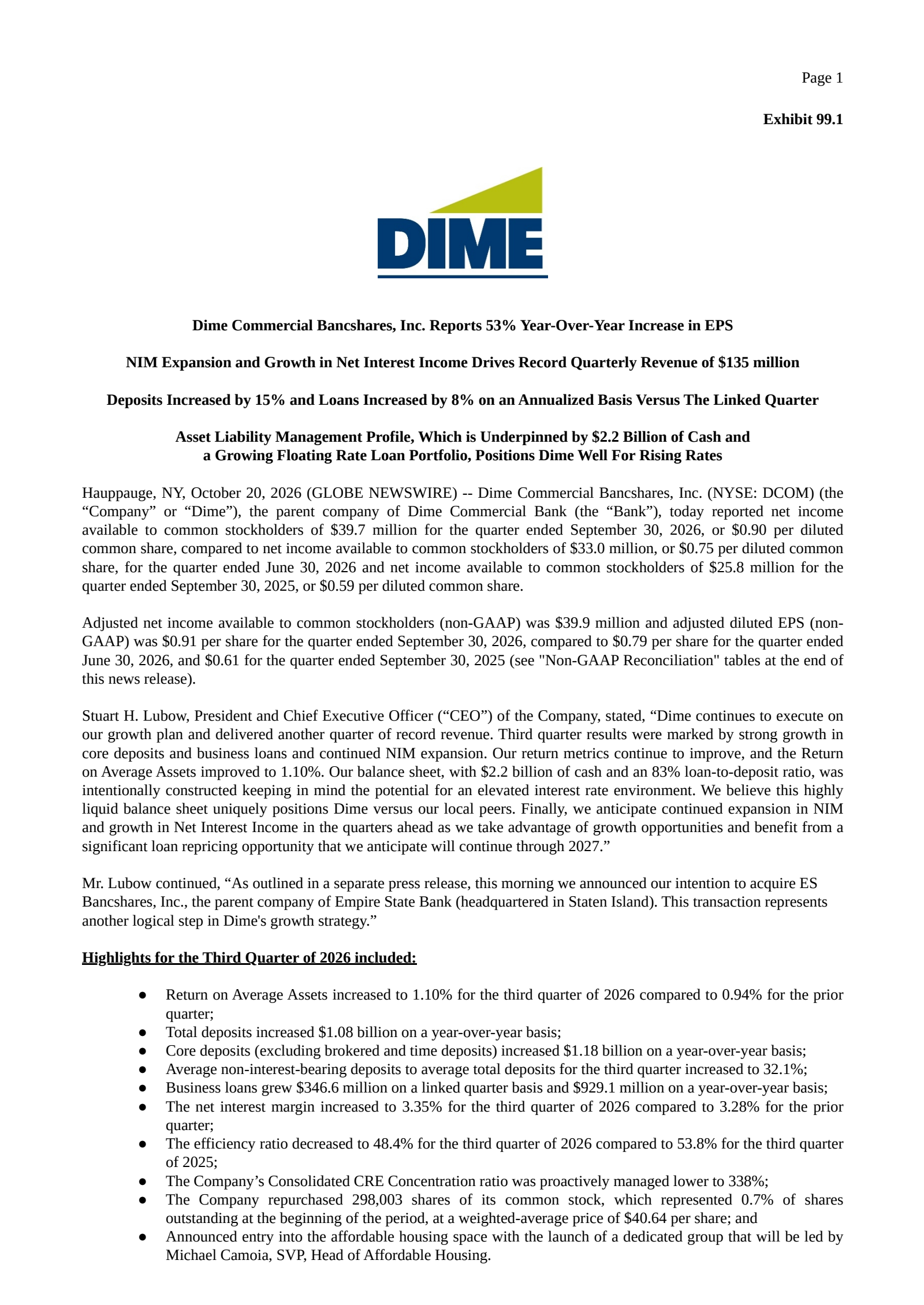 Dime Community Bancshares' Q3 2026 Press Release