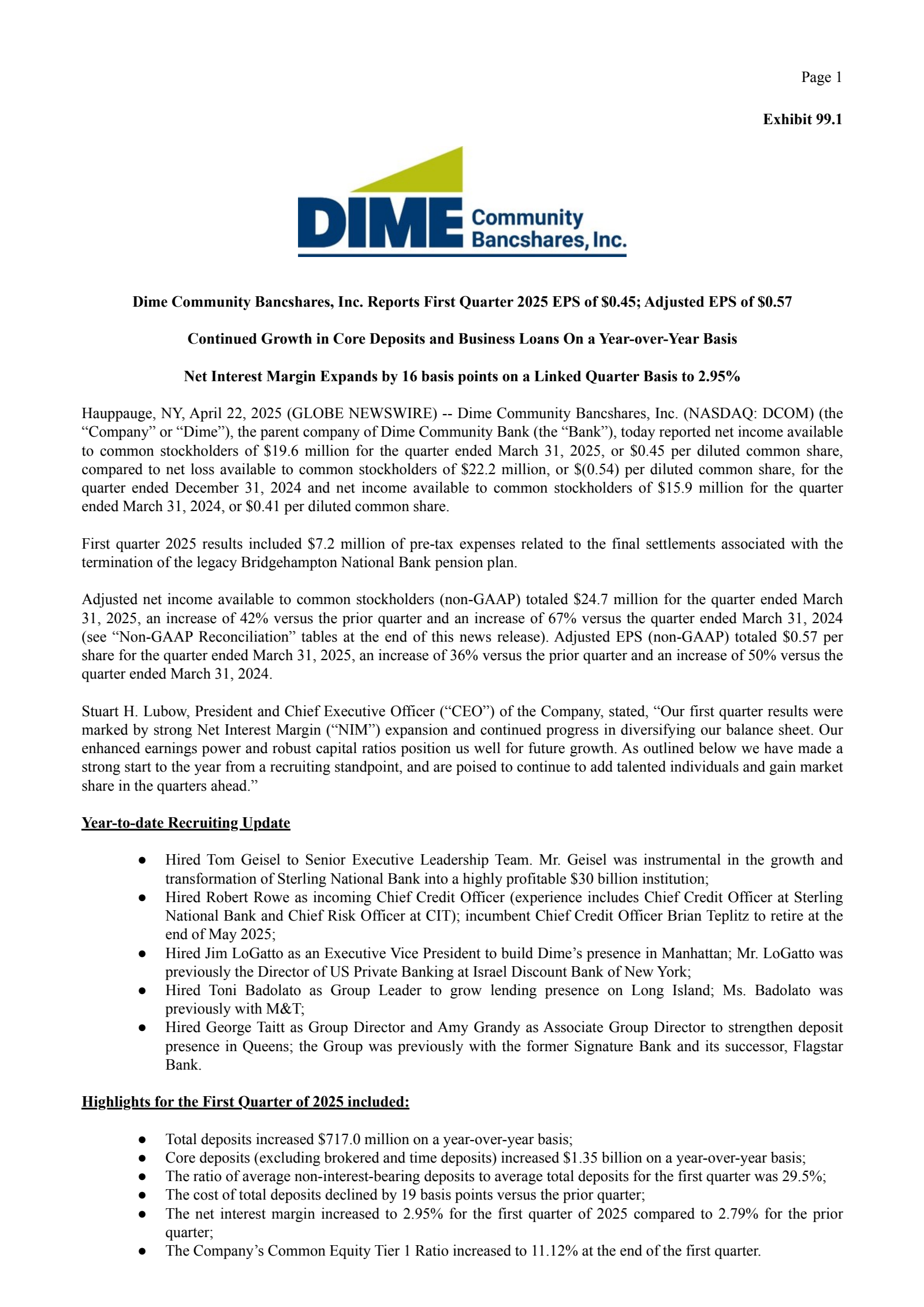 Dime Community Bancshares' Q1 2025 Press Release