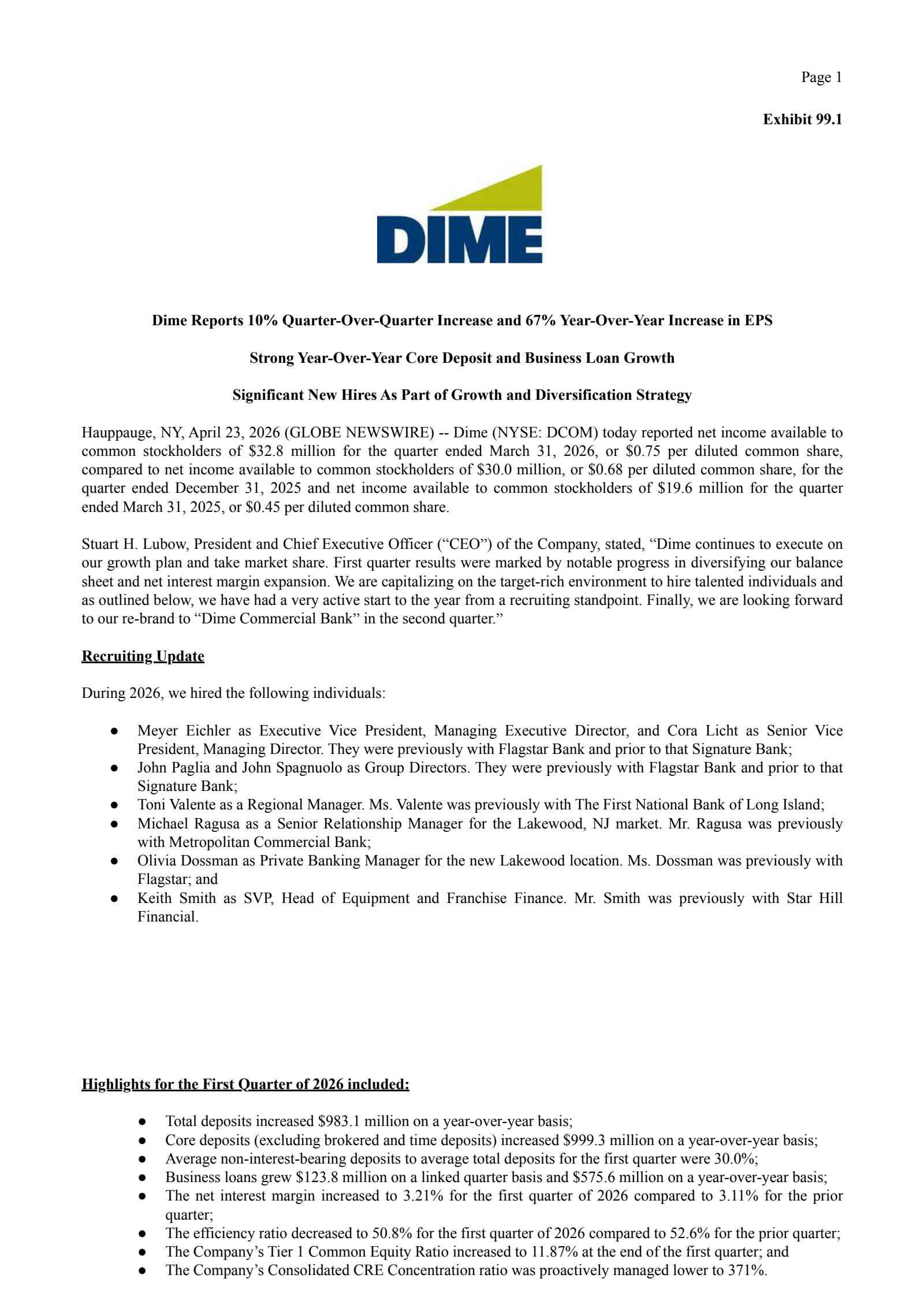 Dime Community Bancshares' Q1 2026 Press Release