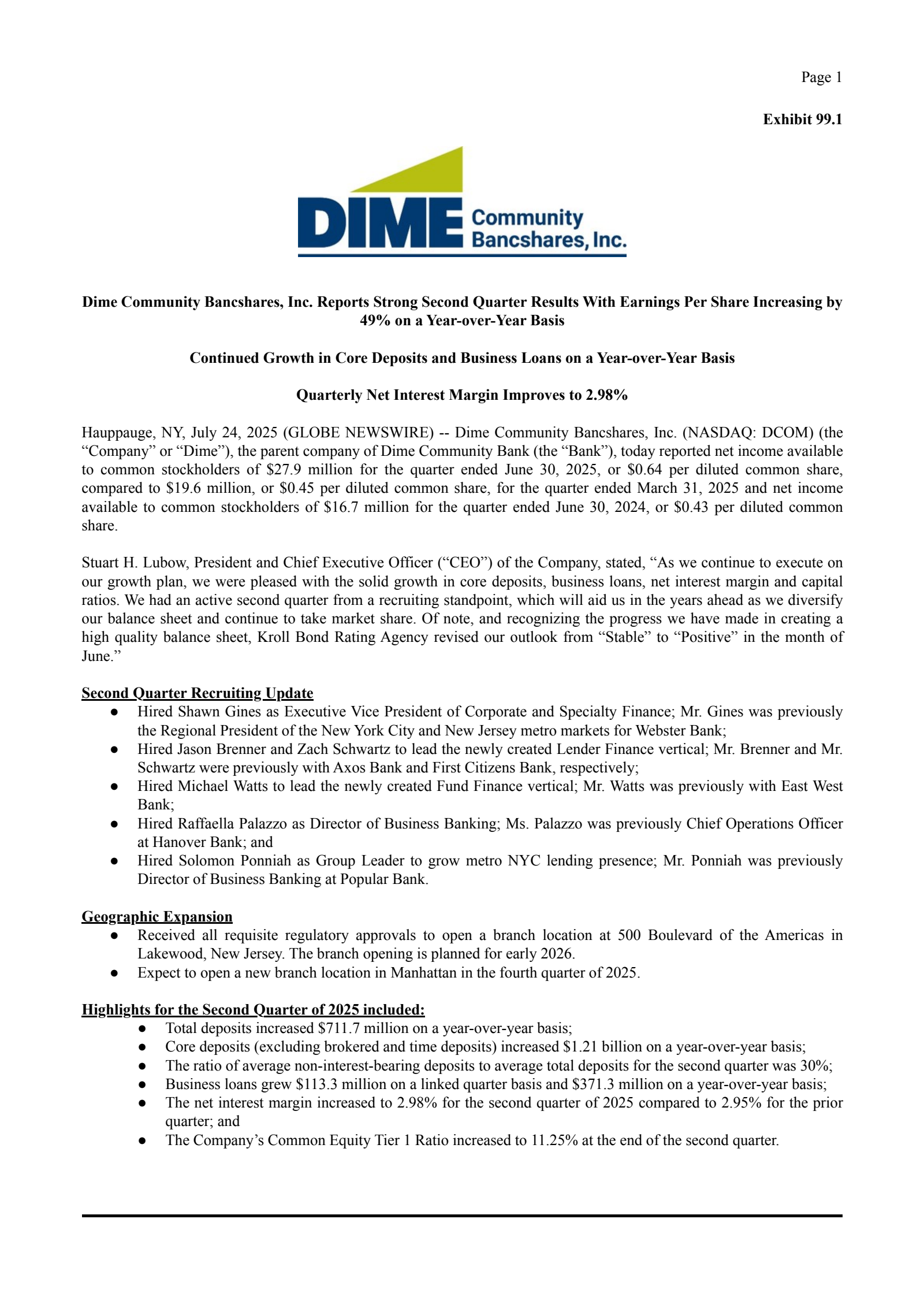 Dime Community Bancshares' Q2 2025 Press Release