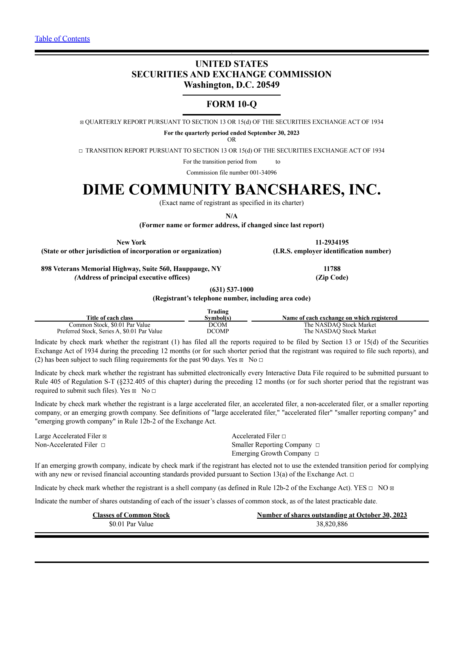 Dime Community Bancshares' Q3 2023 Quarterly report