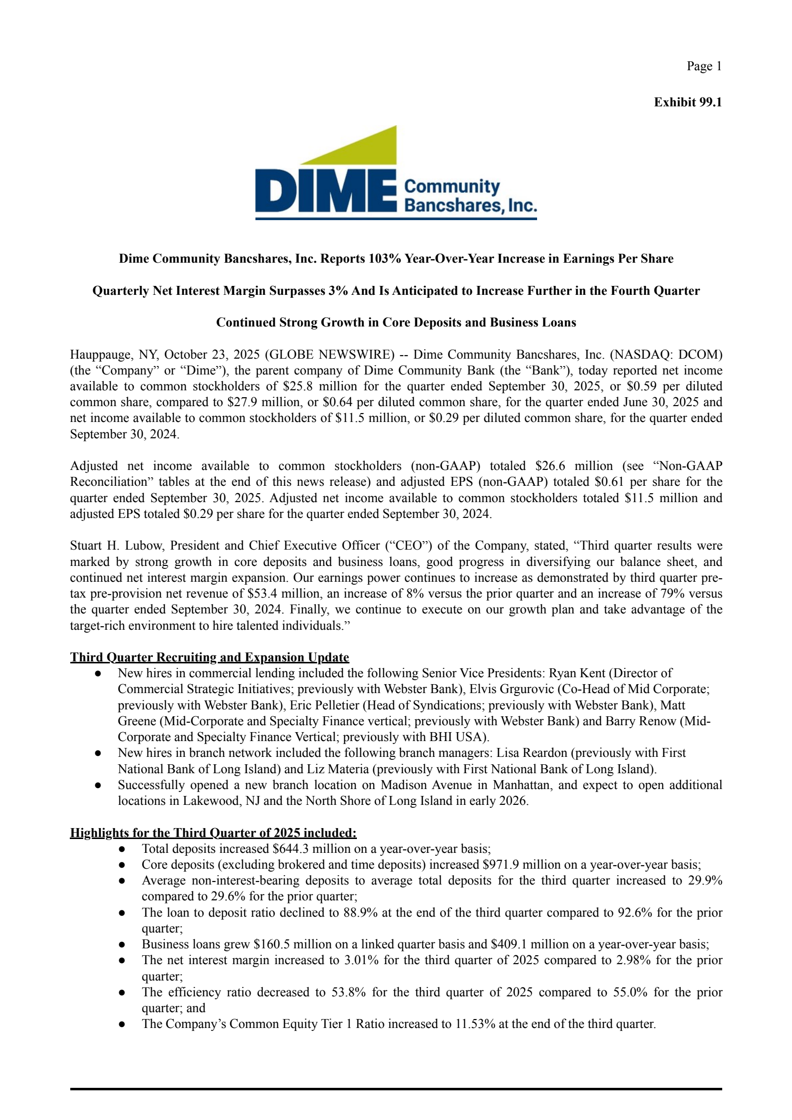 Dime Community Bancshares' Q3 2025 Earnings Release