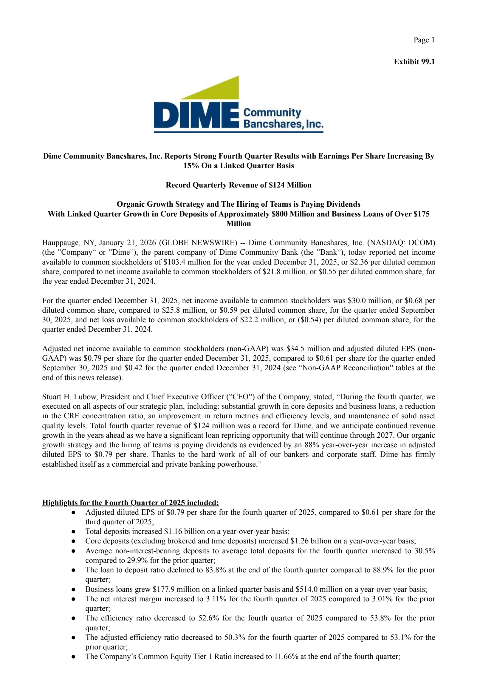 Dime Community Bancshares' Q4 2025 Press Release