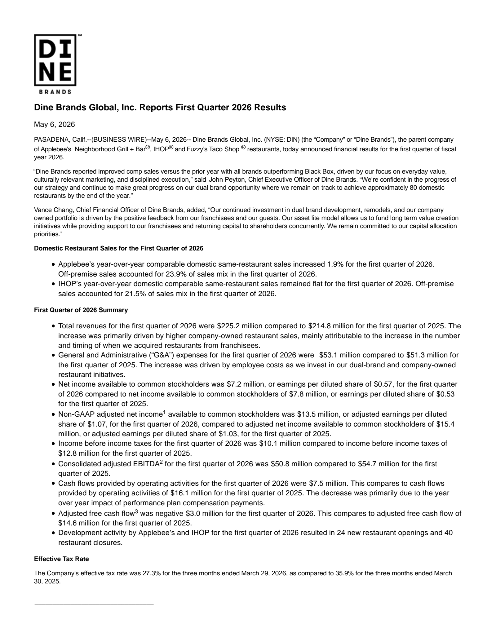 Dine Brands Global's Q1 2026 Press Release