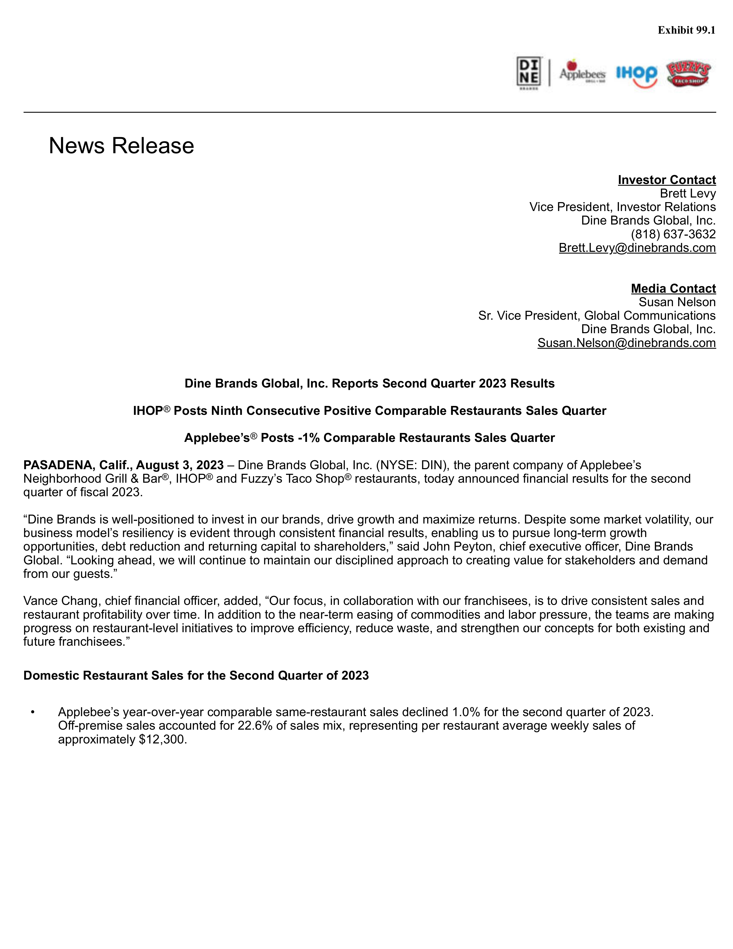 Dine Brands Global's Q2 2023 Press Release