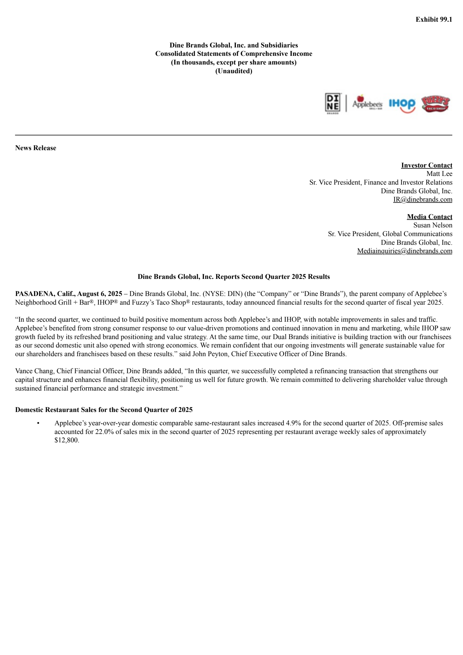 DINE BRANDS GLOBAL's Q2 2025 Press Release