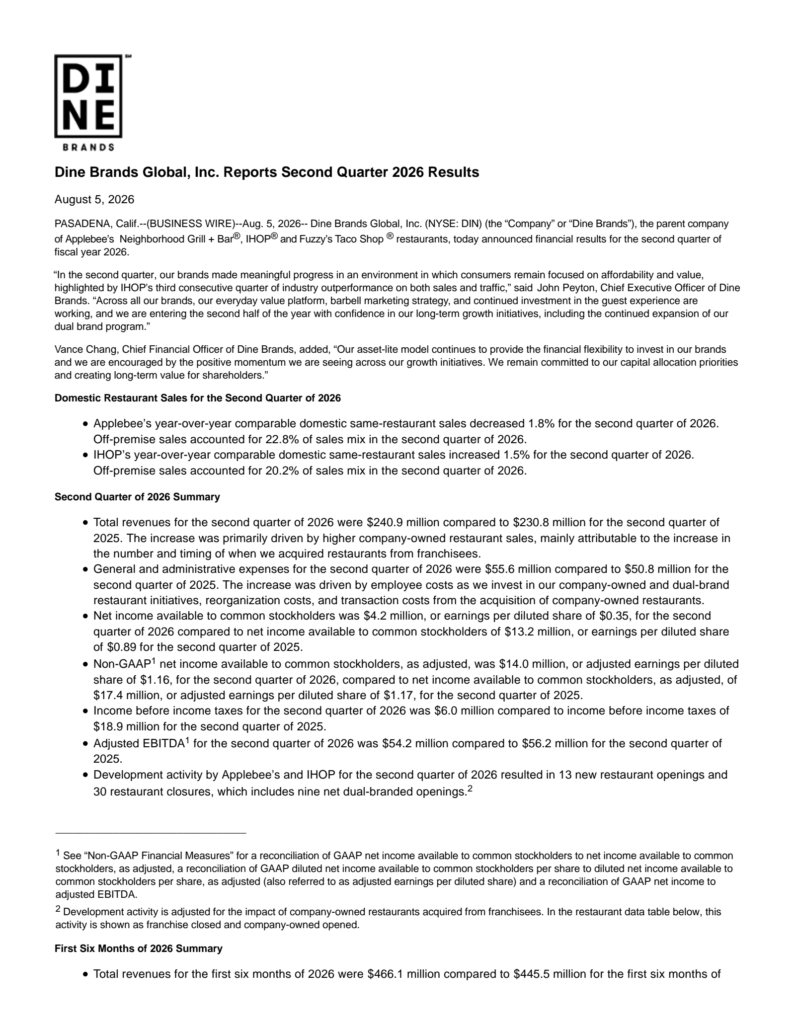 Dine Brands Global's Q2 2026 Press Release