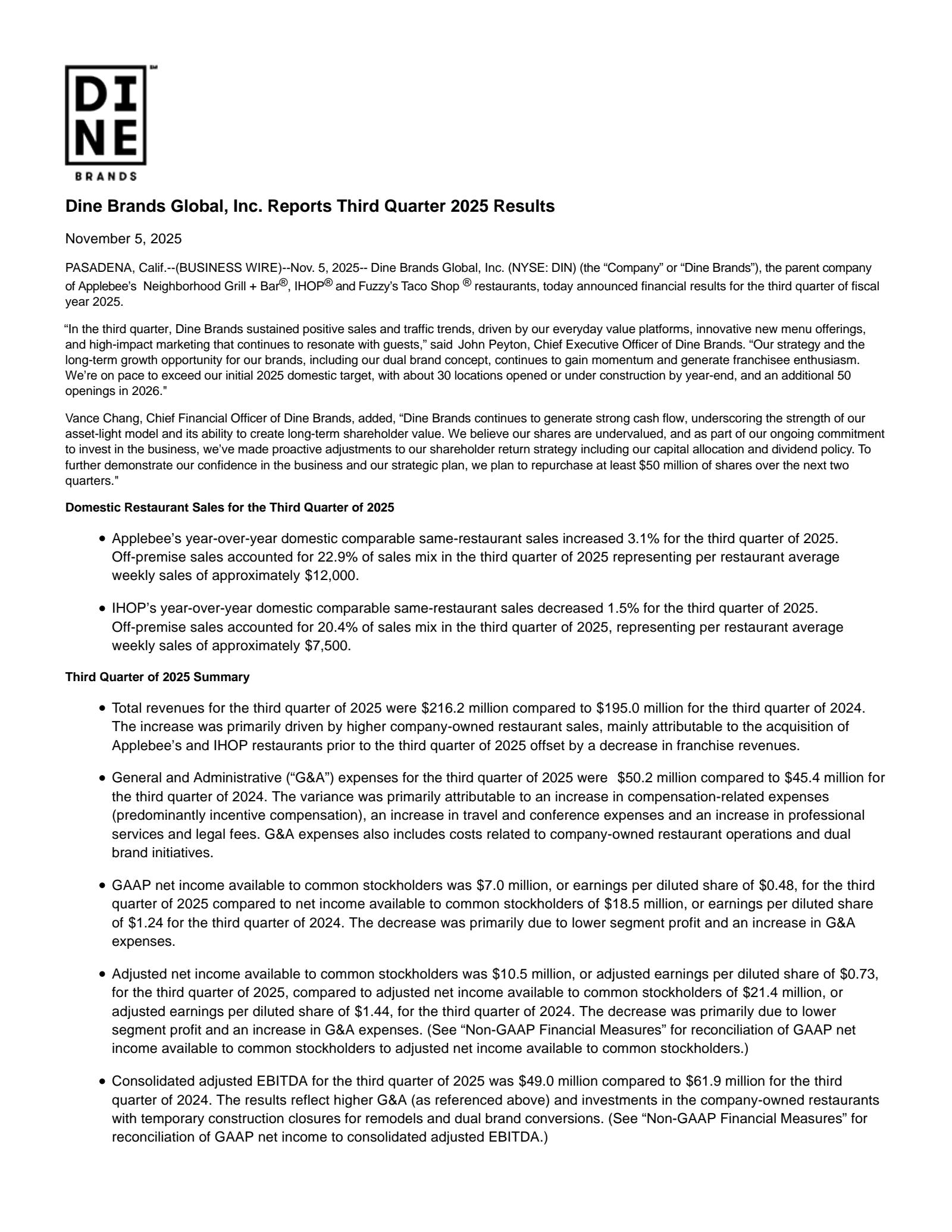 Dine Brands Global's Q3 2025 Earnings Release