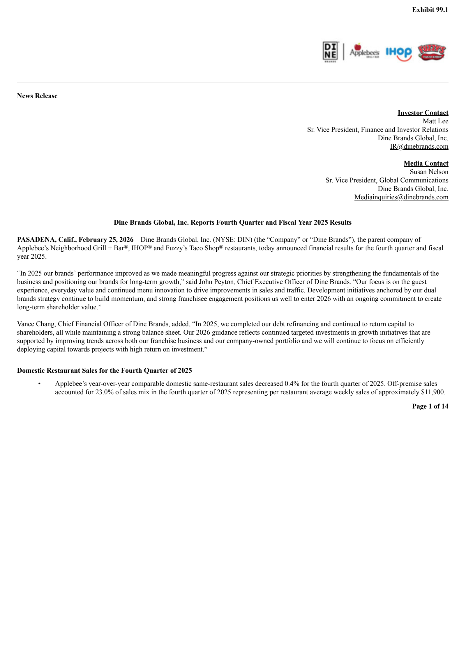 Dine Brands Global's Q4 2025 Press Release