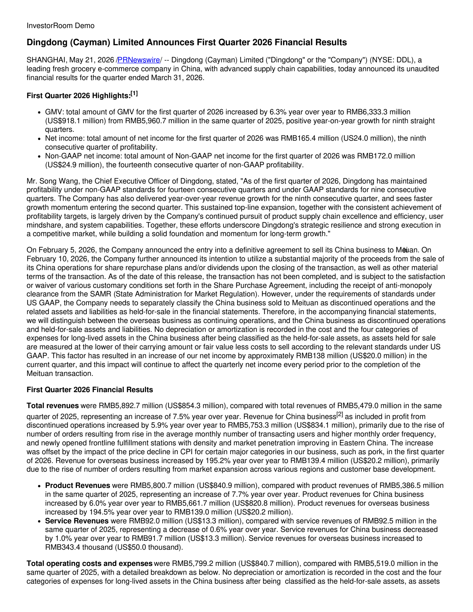 Dingdong (Cayman)'s Q1 2026 Press Release