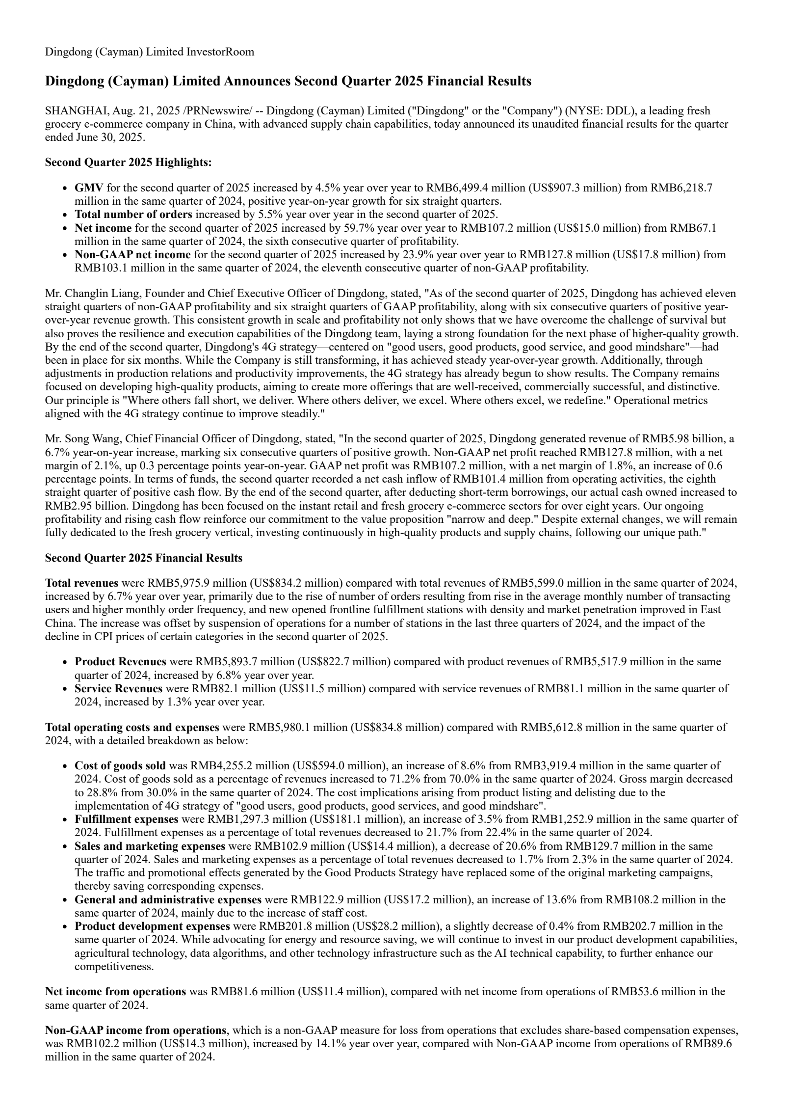 Dingdong (Cayman)'s Q2 2025 Press Release