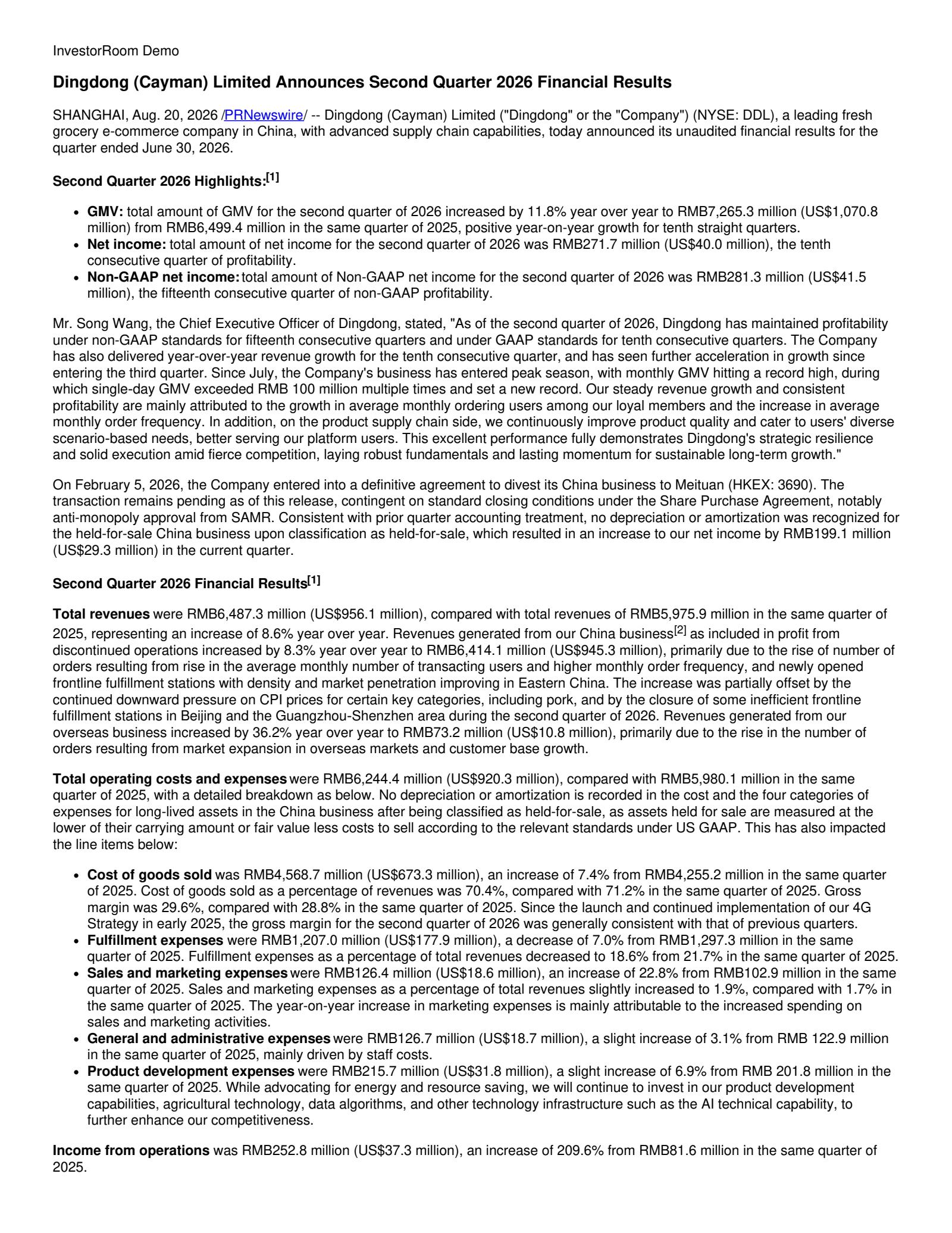 Dingdong (Cayman)'s Q2 2026 Press Release