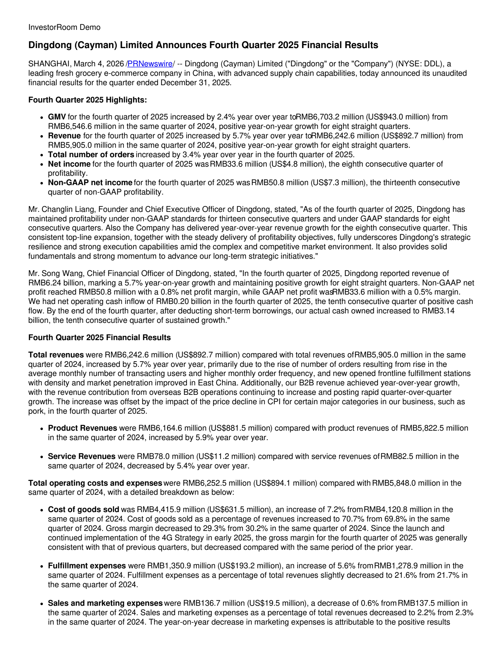 Dingdong (Cayman)'s Q4 2025 Press Release