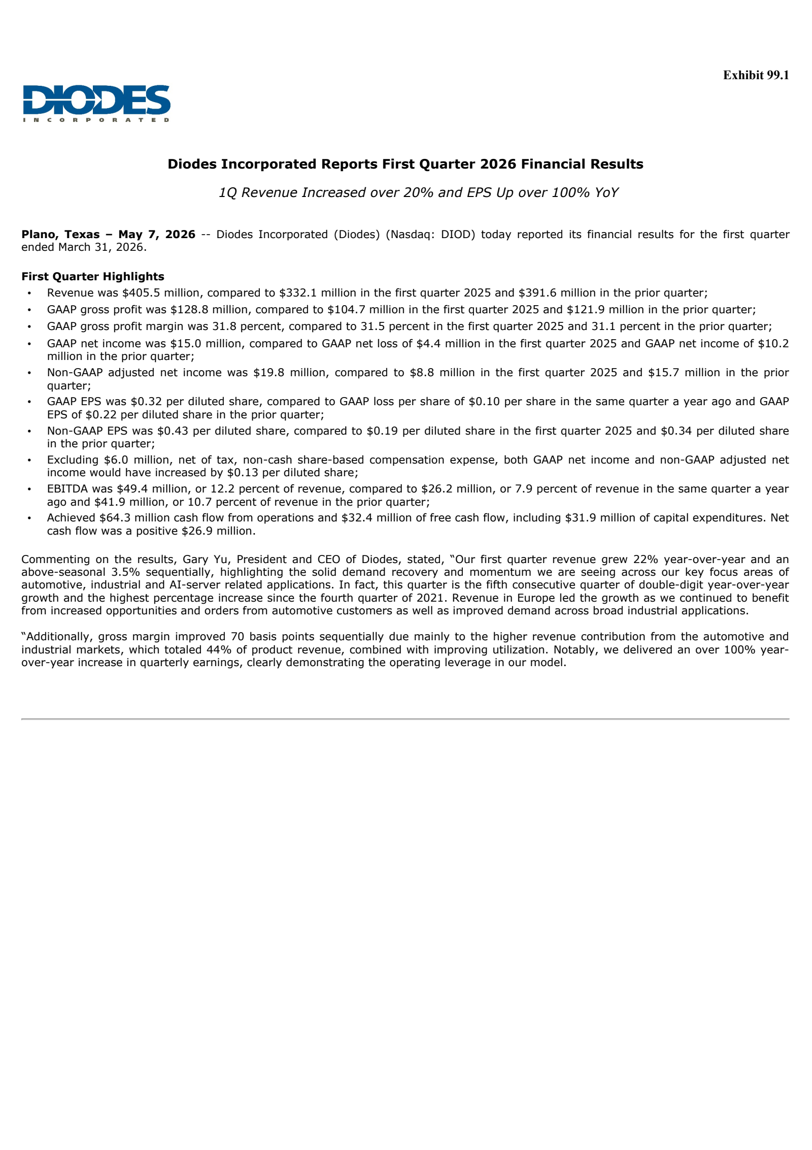 Diodes' Q1 2026 Press Release