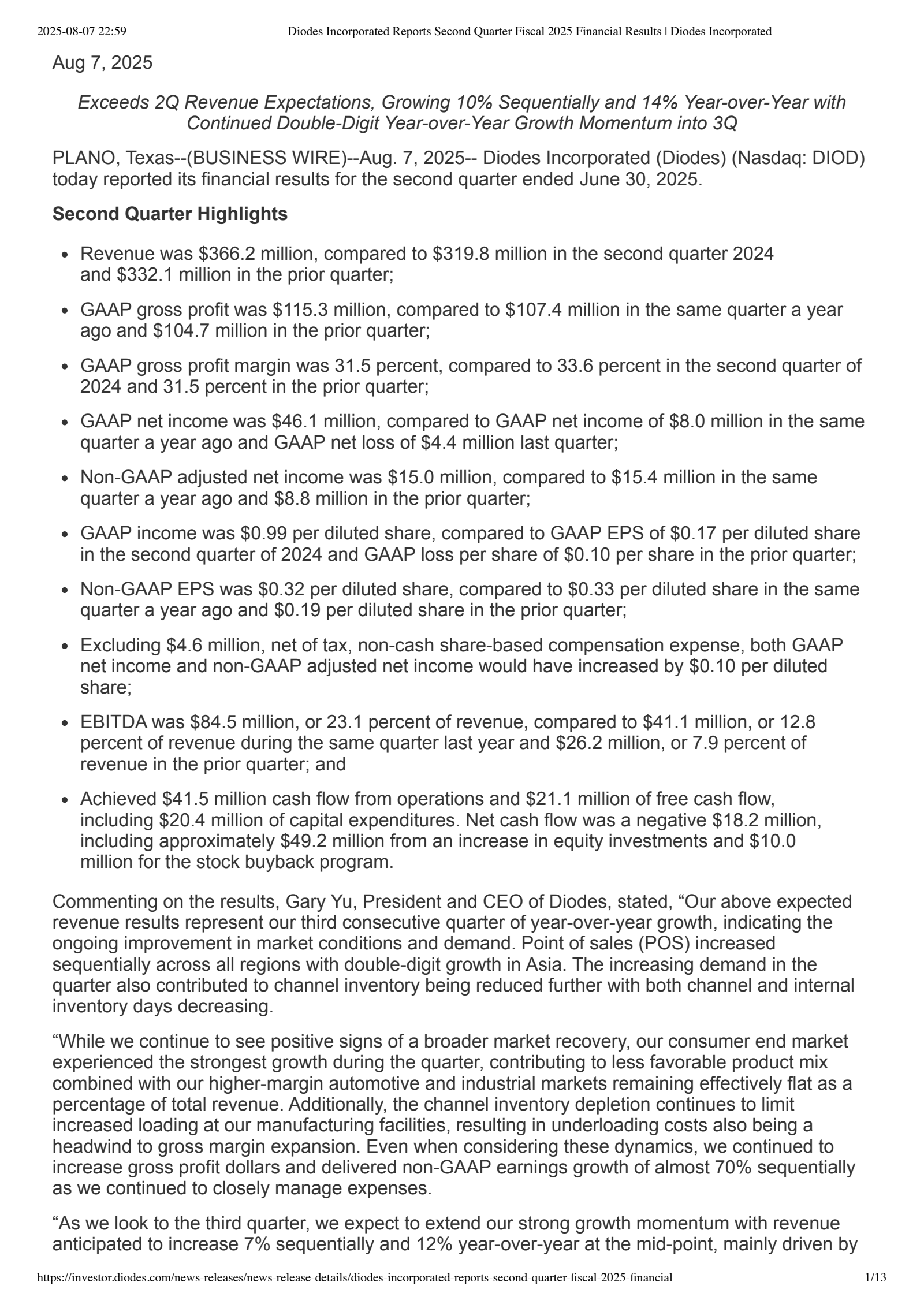 Diodes' Q2 2025 Press Release