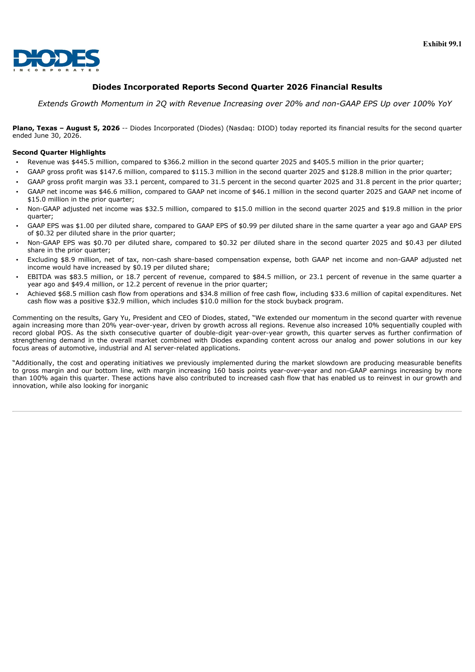 Diodes' Q2 2026 Press Release