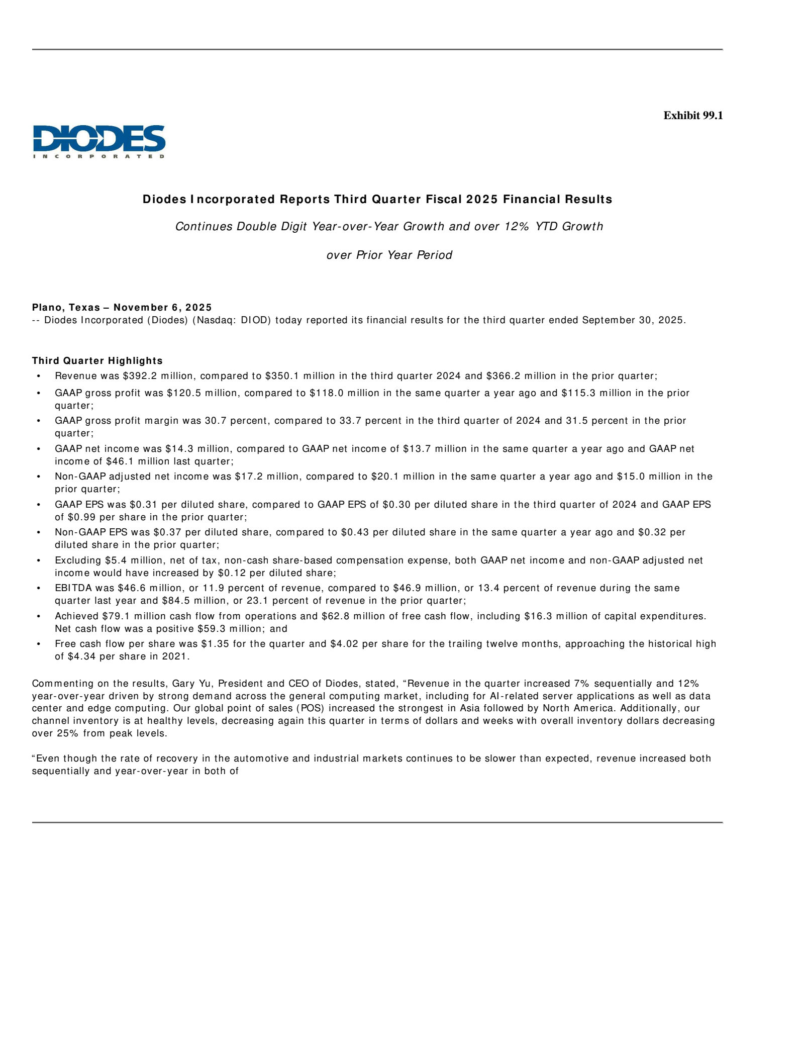 Diodes' Q3 2025 Earnings Release