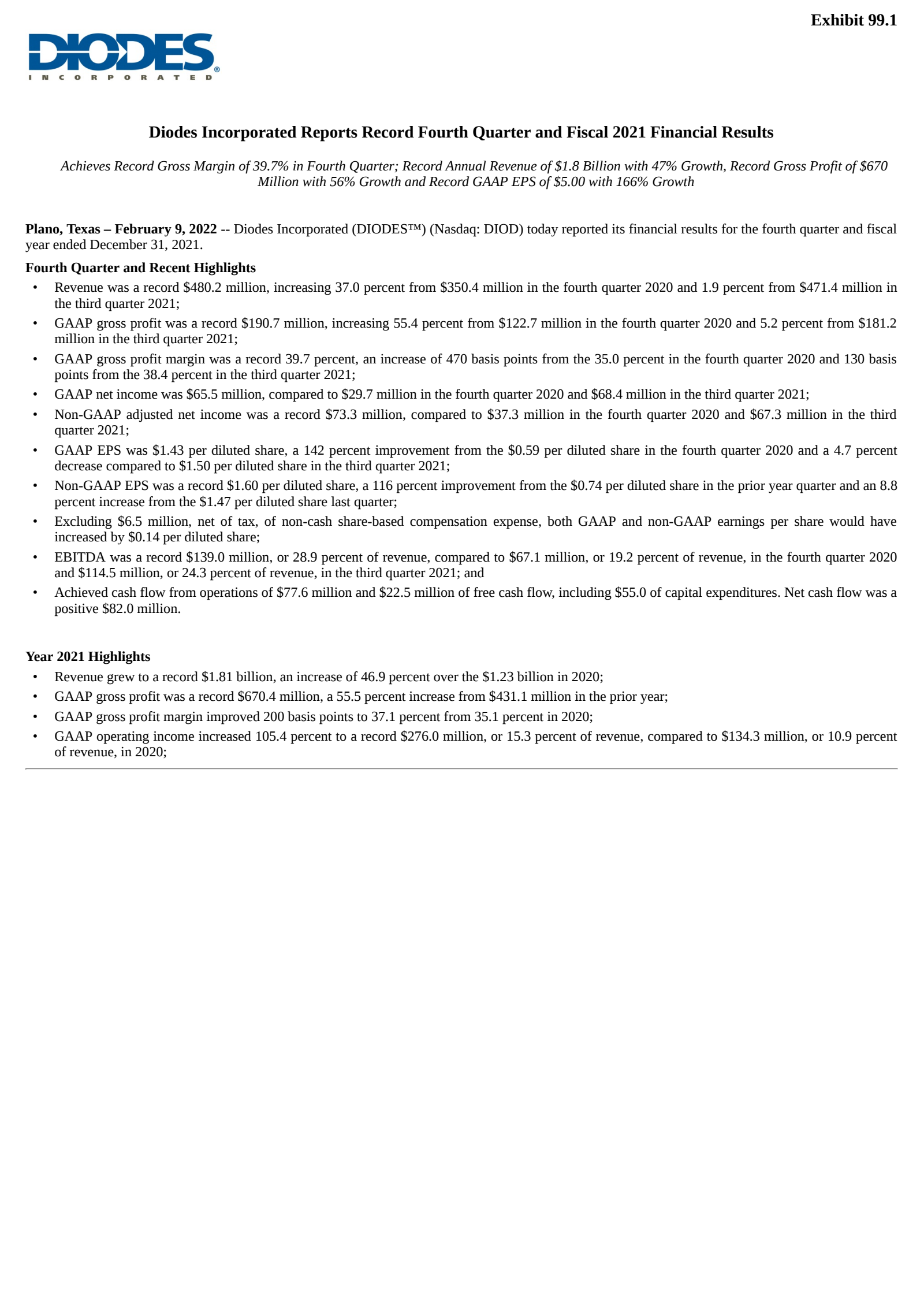 Diodes' Q4 2021 Press Release