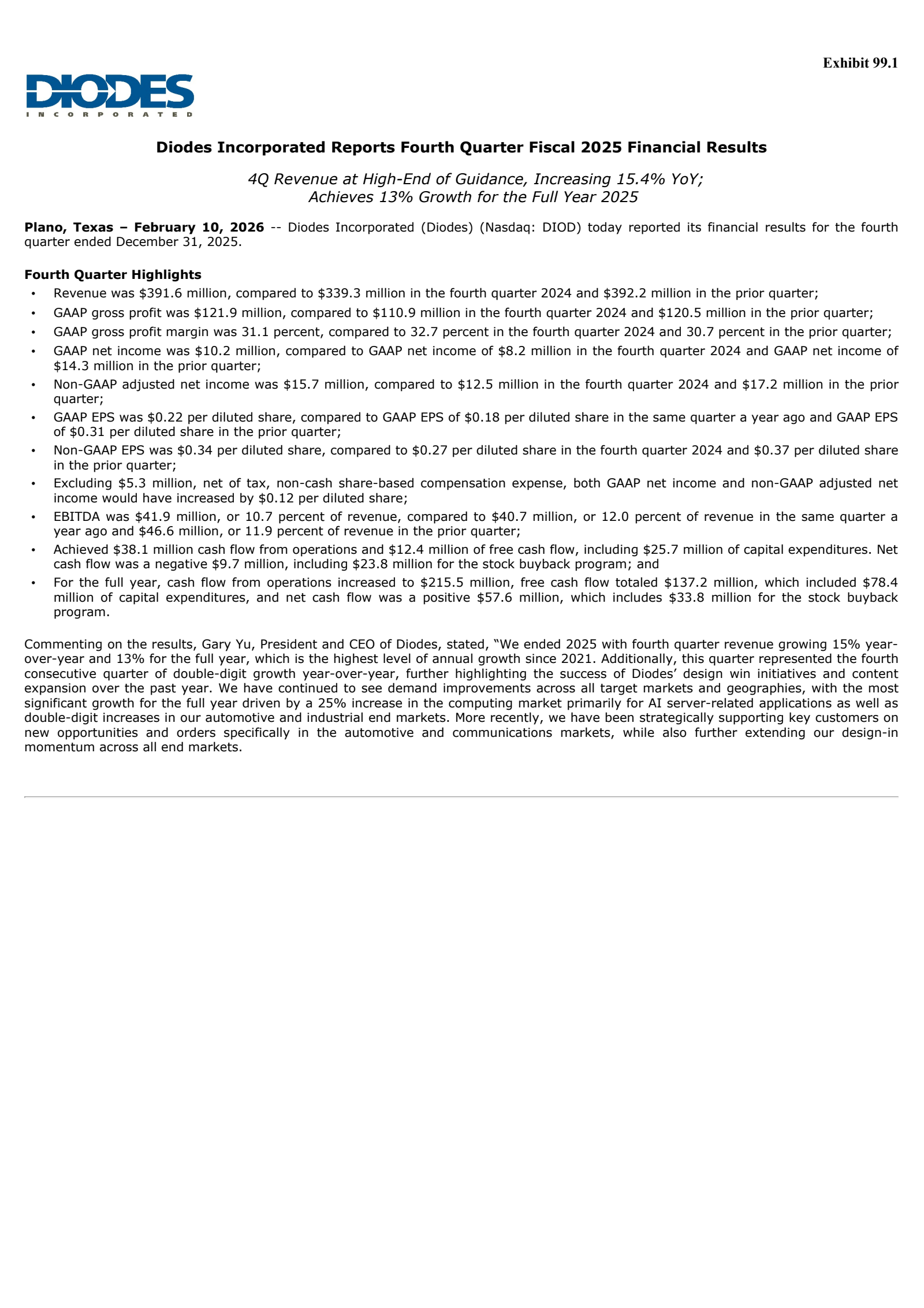 Diodes' Q4 2025 Press Release