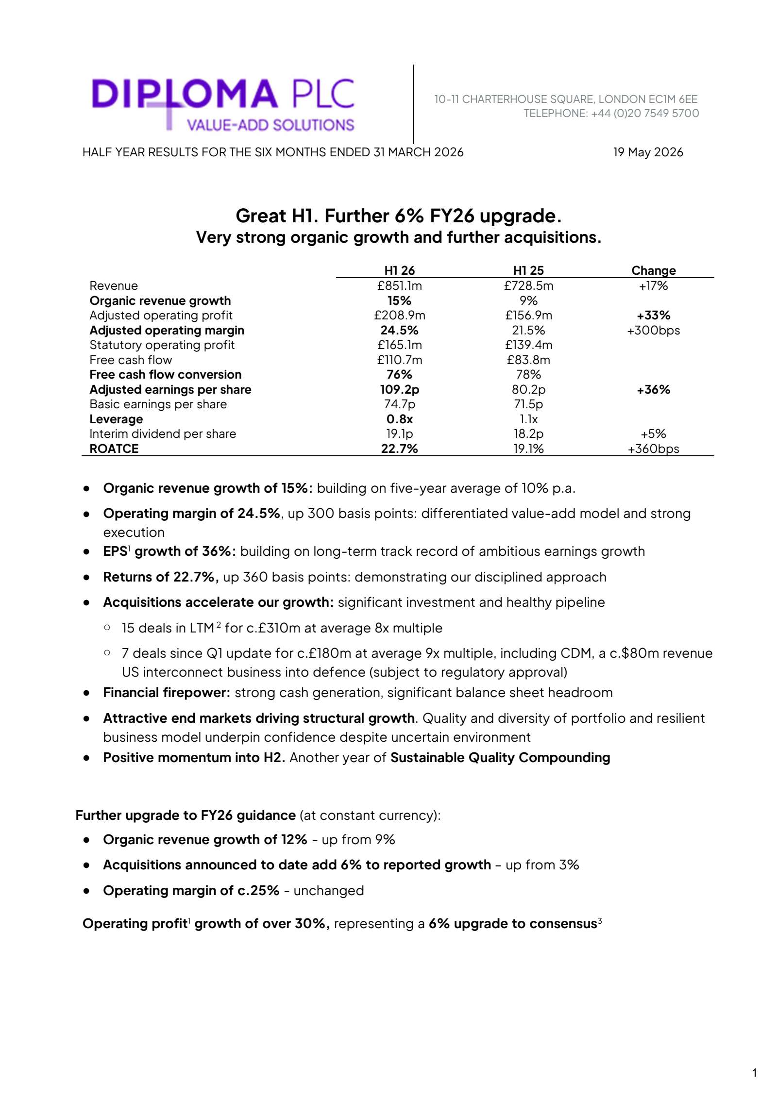Diploma's H1 2026 Interim report