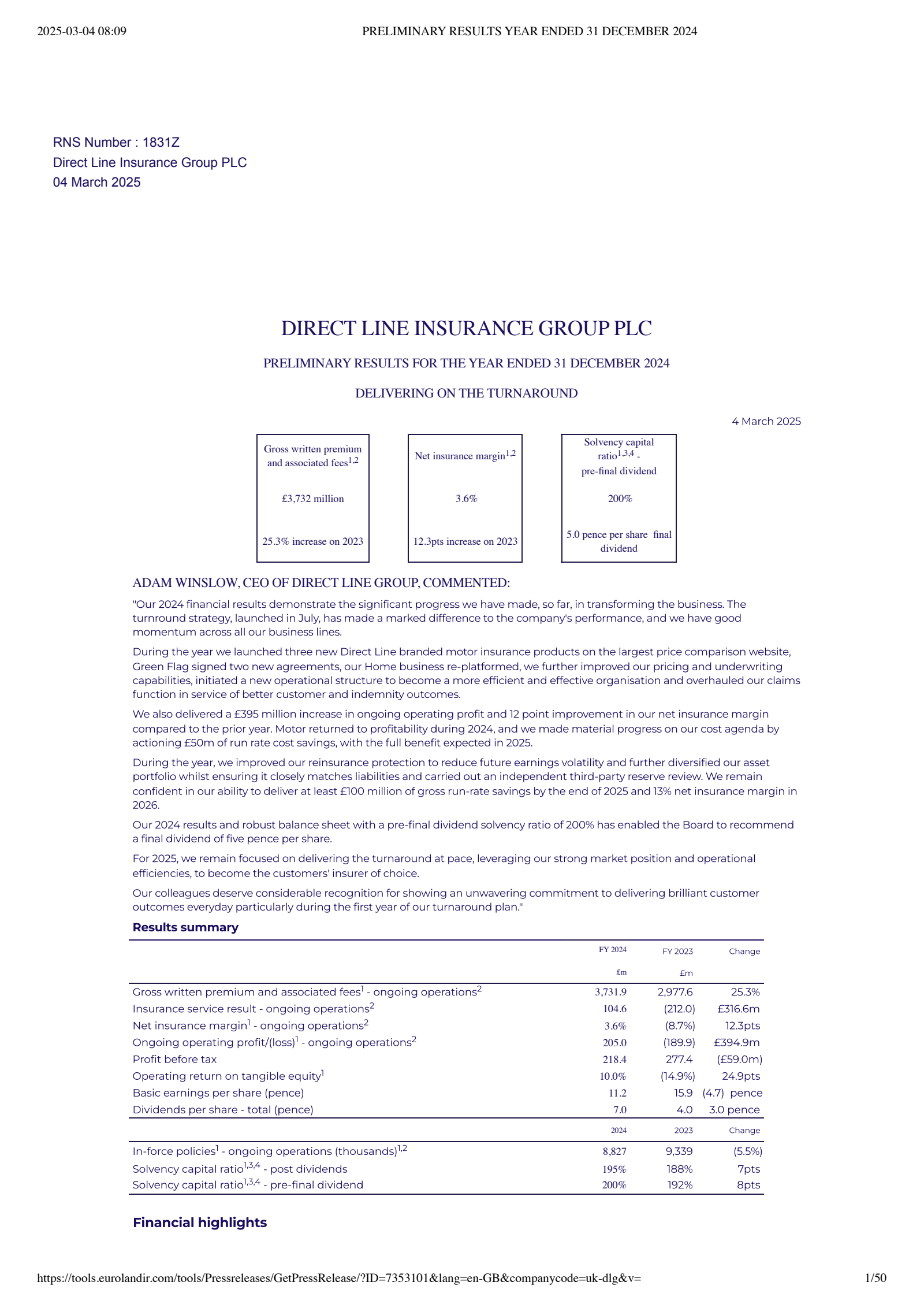 Direct Line Insurance Doc Example DLG H2 2024 Earnings Report on 3/5/2025