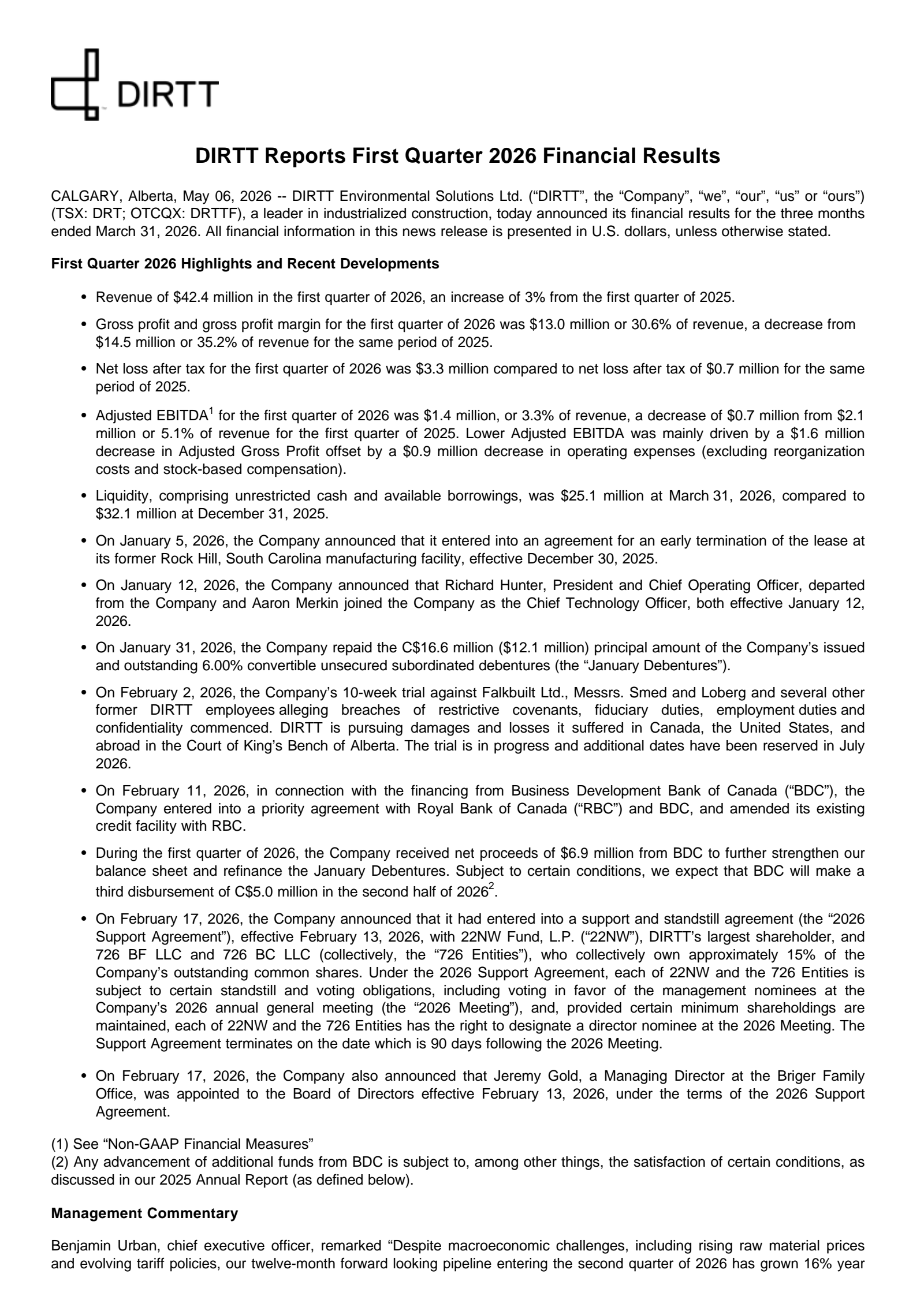 DIRTT Environmental Solutions' Q1 2026 Press Release