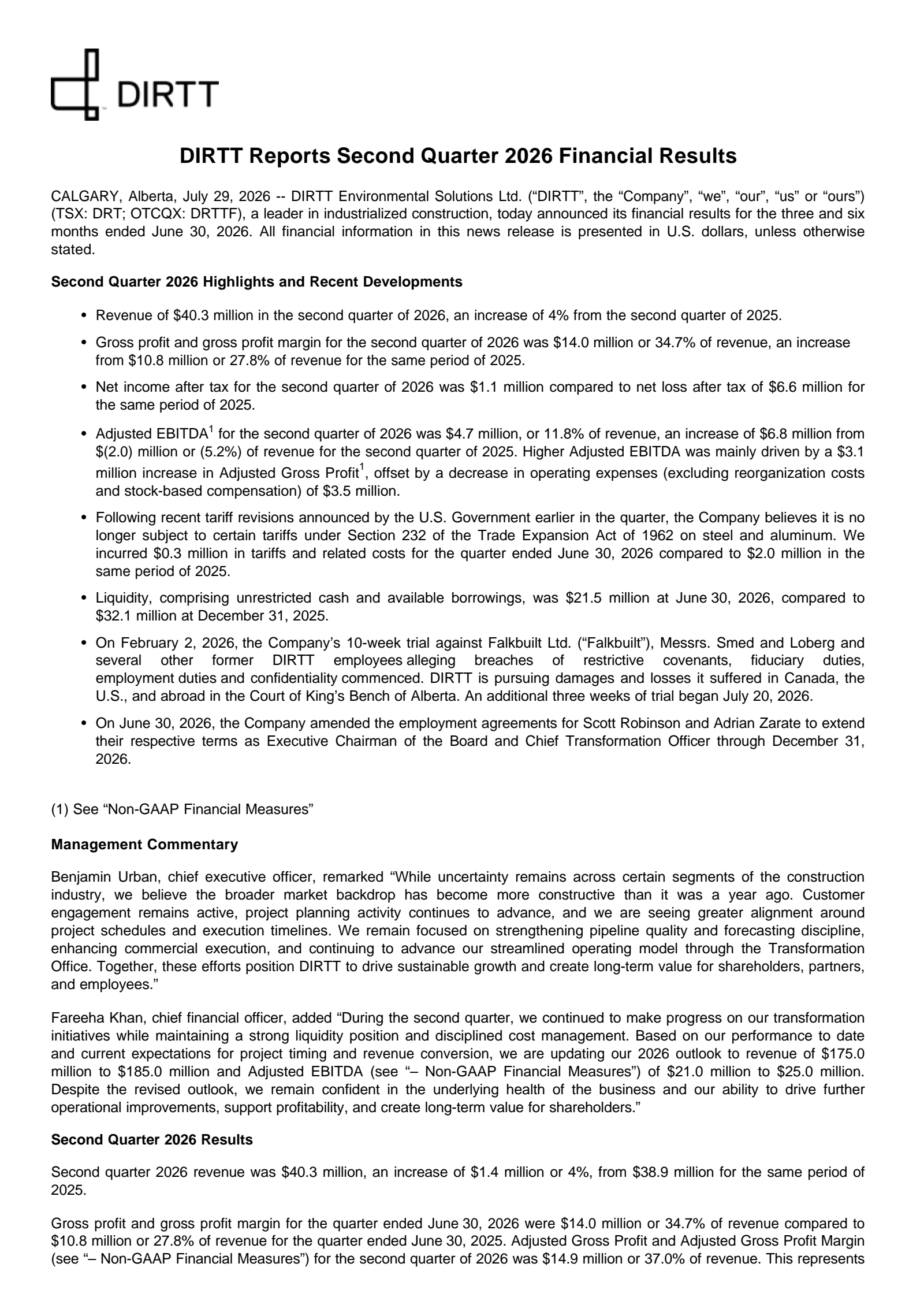 DIRTT Environmental Solutions' Q2 2026 Press Release