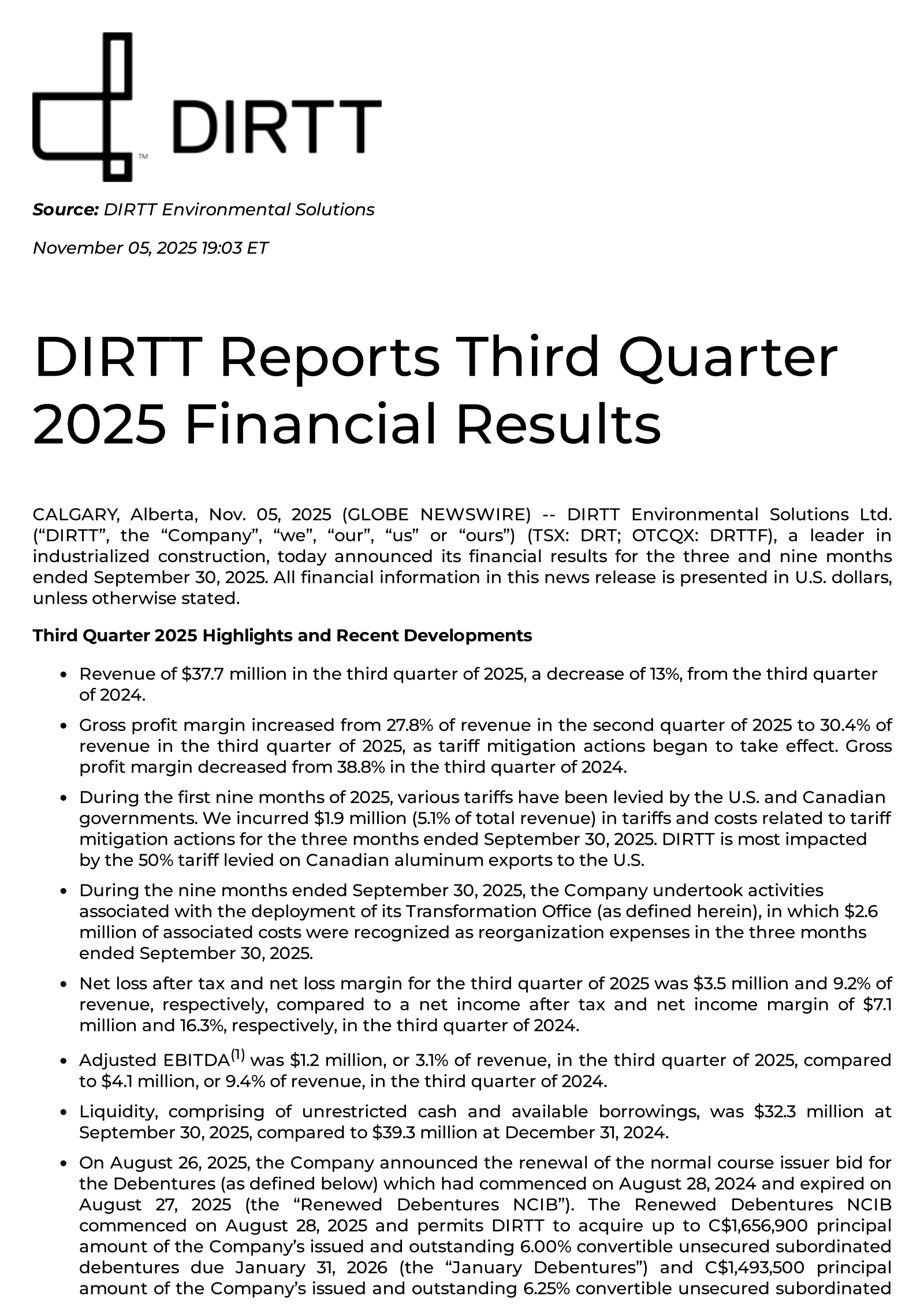 DIRTT Environmental Solutions' Q3 2025 Earnings Release
