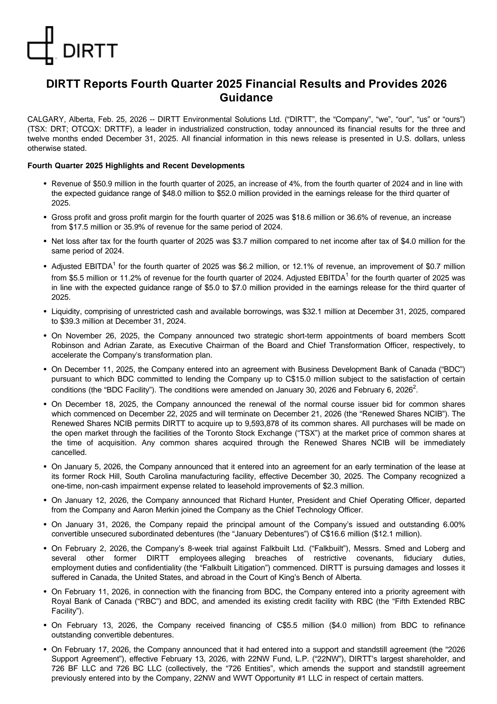 DIRTT Environmental Solutions' Q4 2025 Press Release