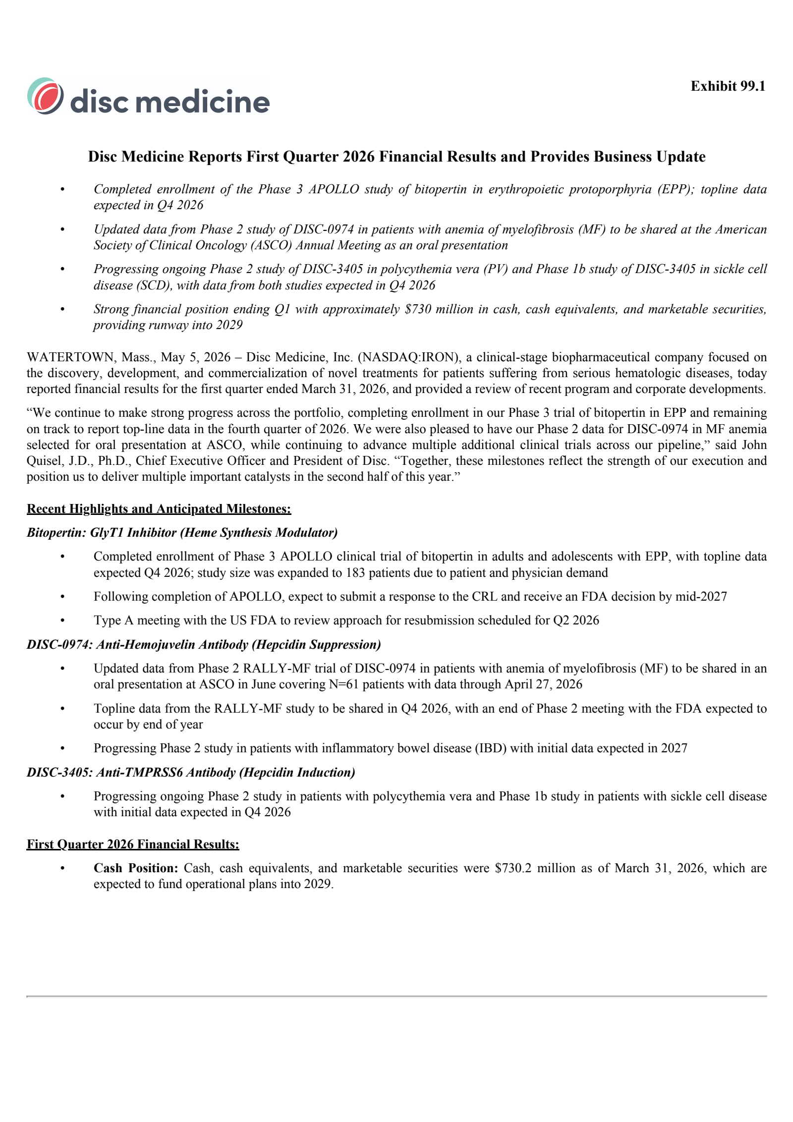Disc Medicine's Q1 2026 Press Release