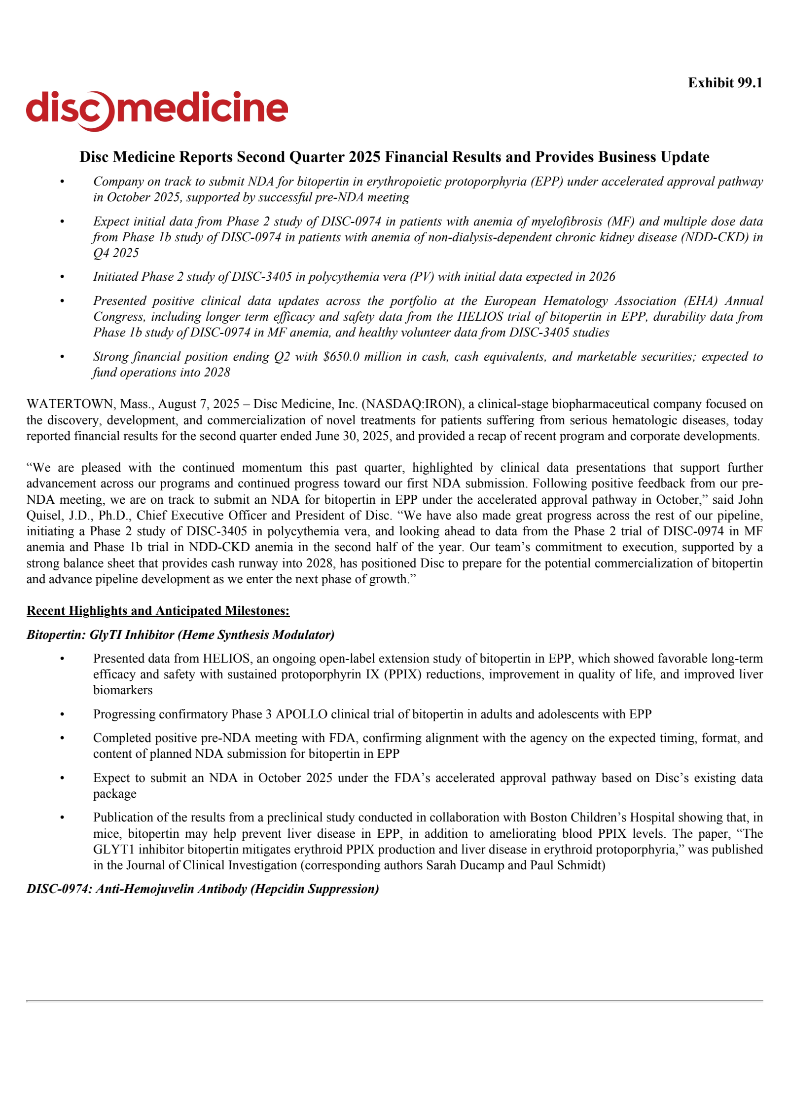 Disc Medicine's Q2 2025 Press Release