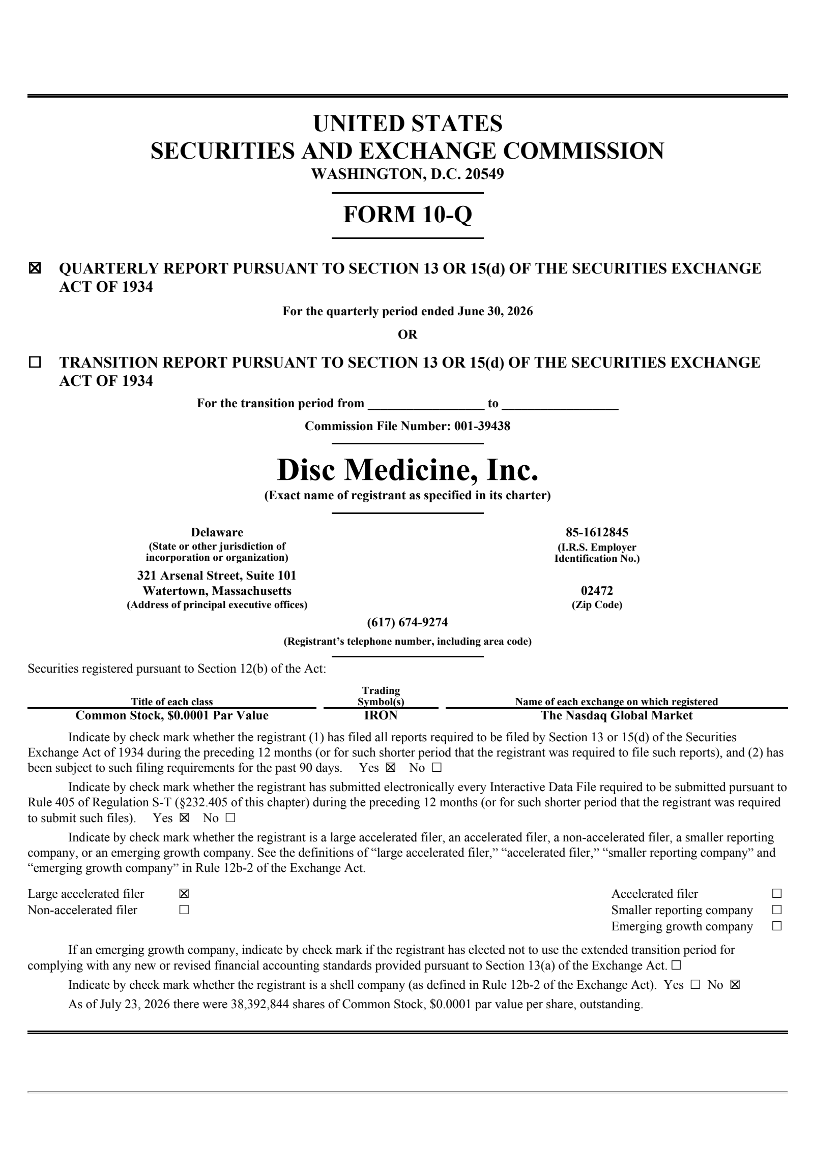 Disc Medicine's Q2 2026 Quarterly report