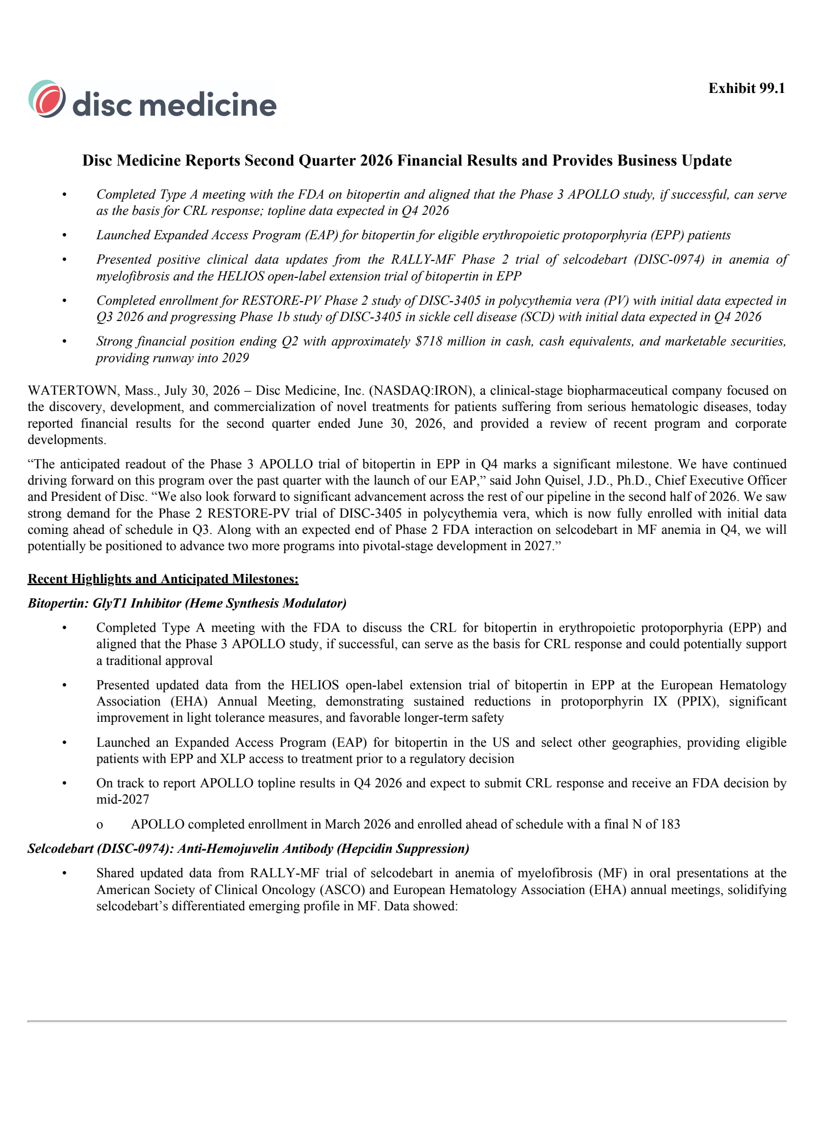 Disc Medicine's Q2 2026 Press Release