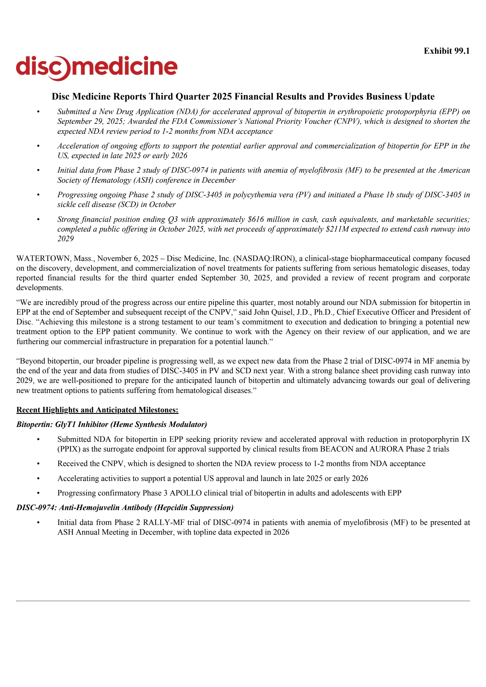 Disc Medicine's Q3 2025 Earnings Release