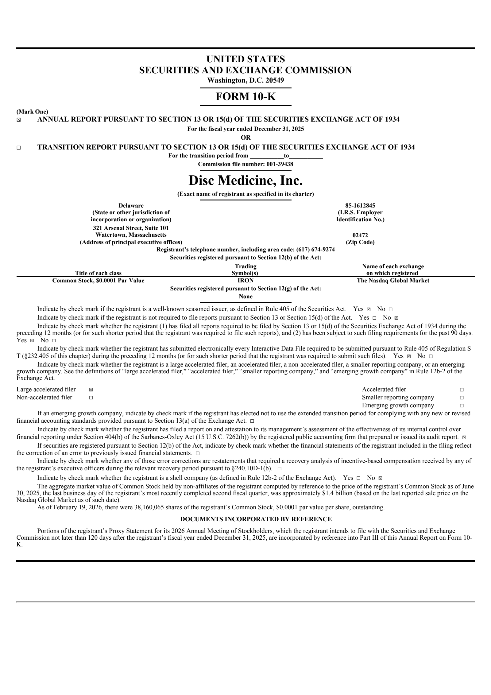 Disc Medicine's Q4 2025 Annual report