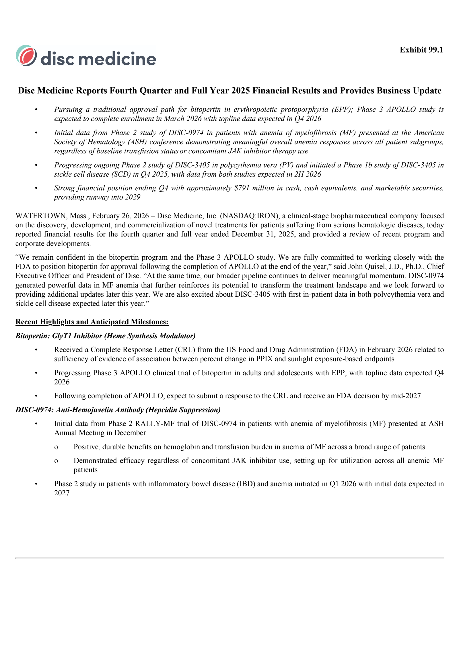 Disc Medicine's Q4 2025 Press Release