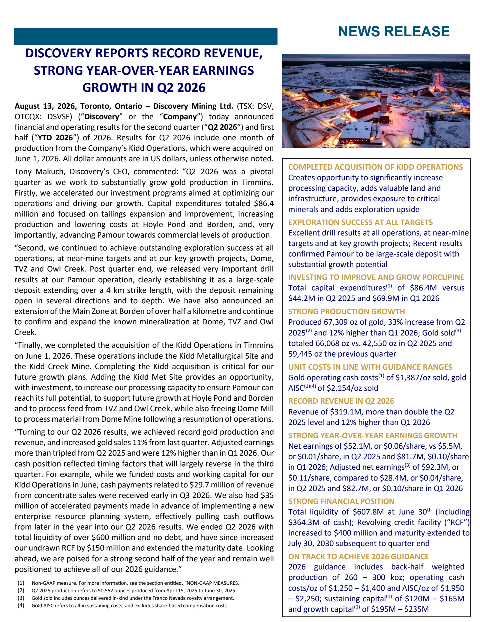Discovery Silver's Q2 2026 Press Release