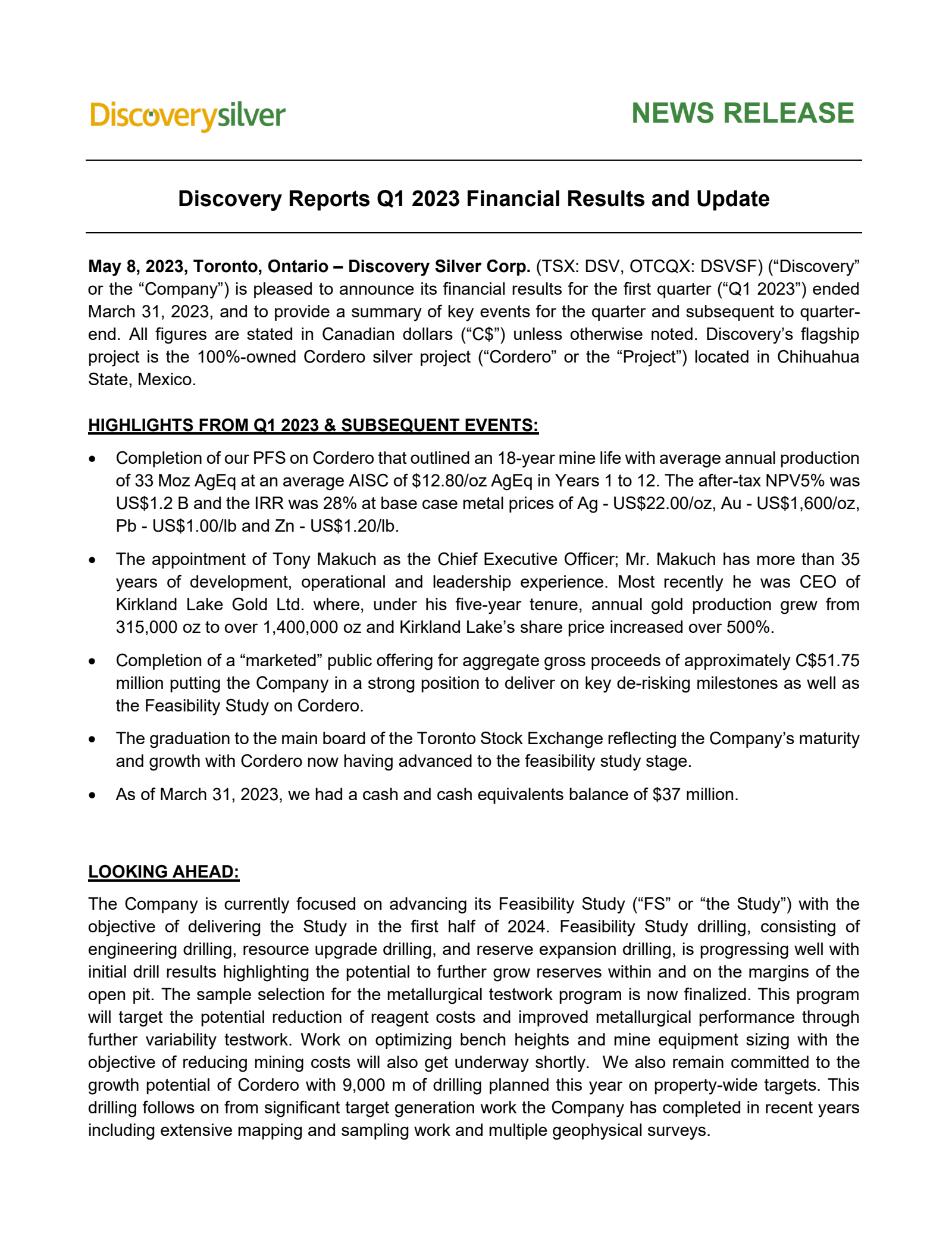 Discovery Silver's Q1 2023 Press Release