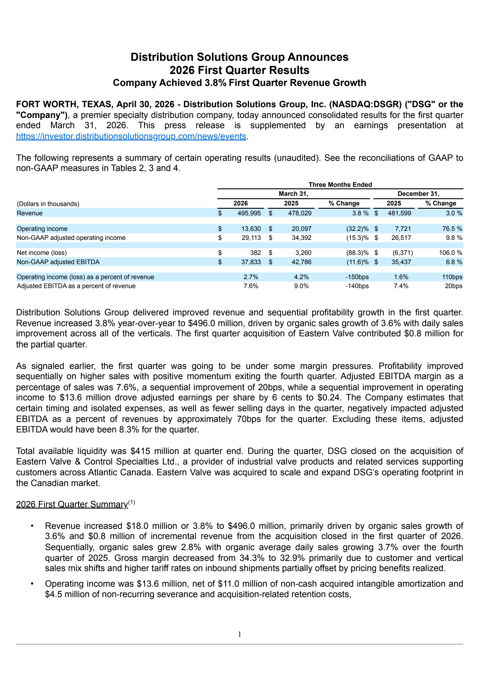 Distribution Solutions Group's Q1 2026 Press Release