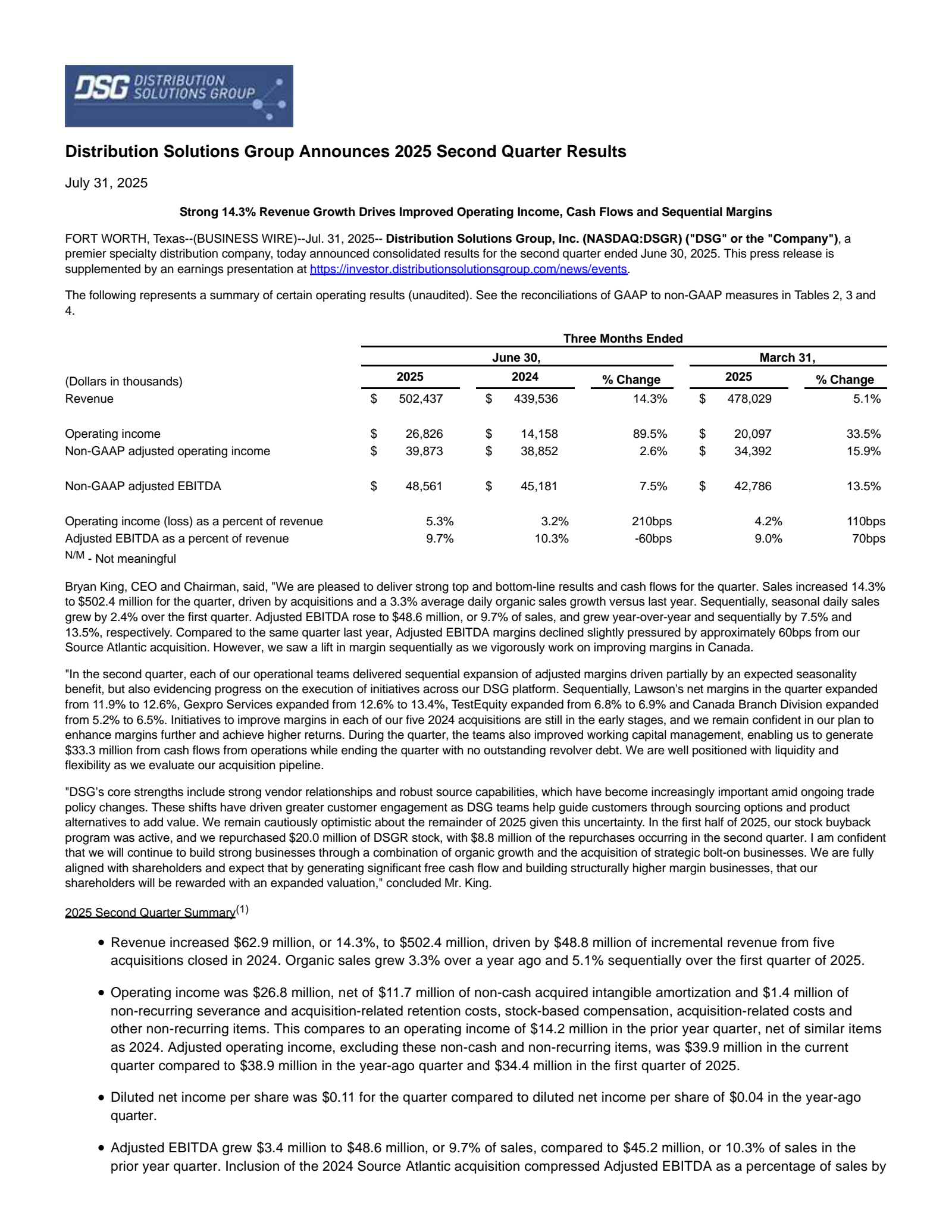 Distribution Solutions Group's Q2 2025 Earnings Release