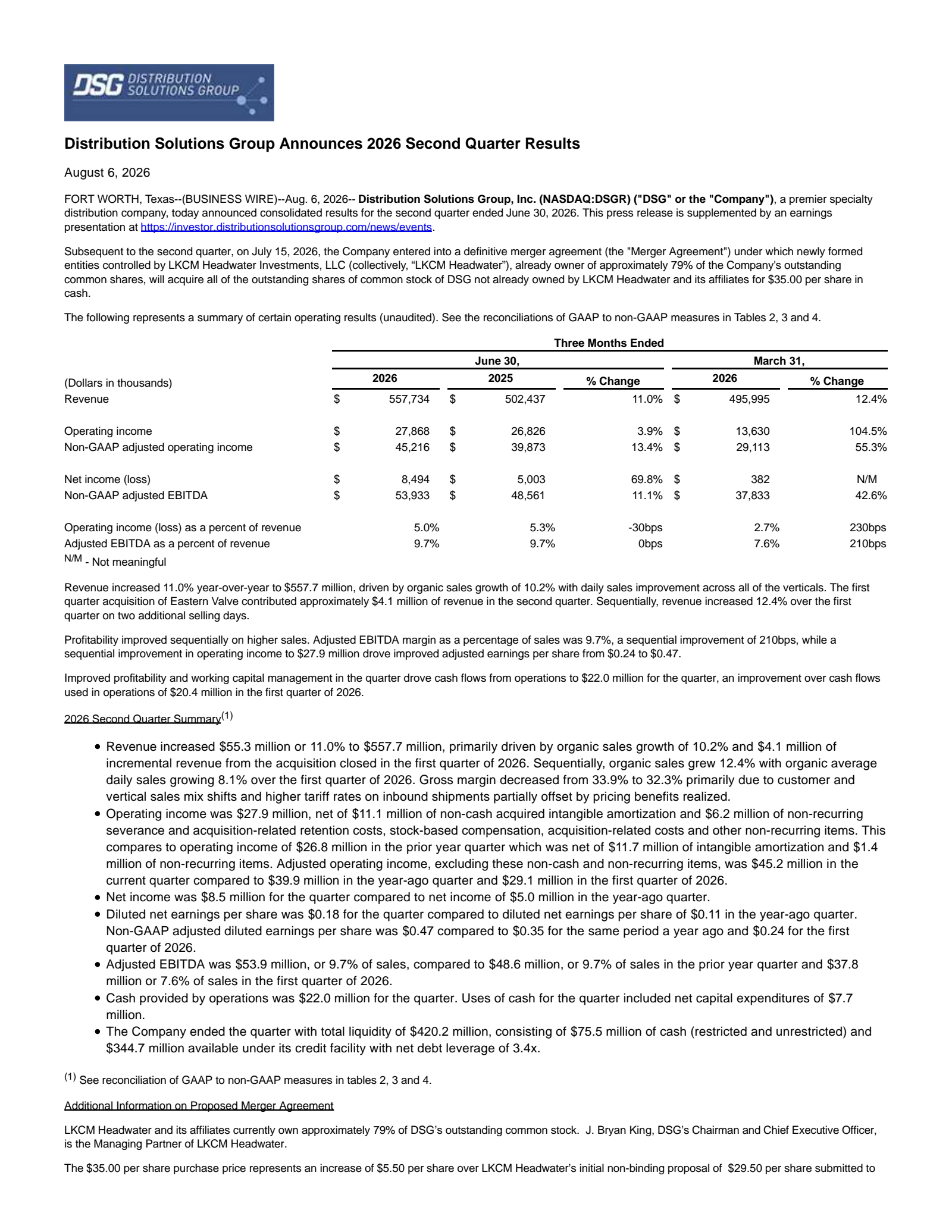 Distribution Solutions Group's Q2 2026 Press Release