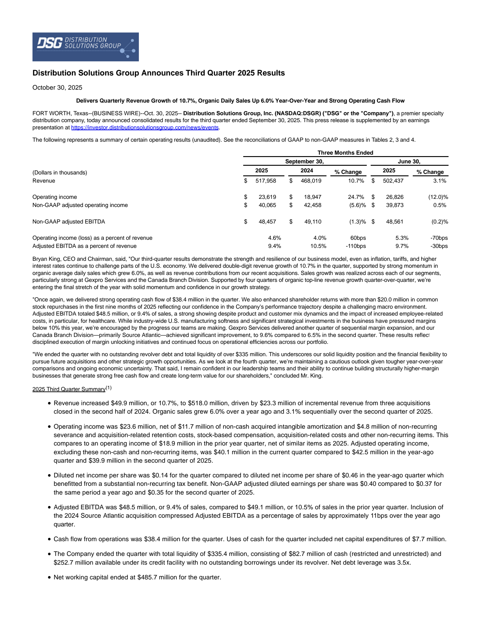 Distribution Solutions Group's Q3 2025 Earnings Release